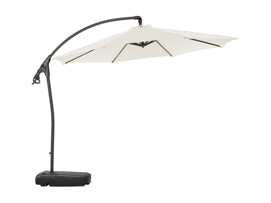 White cantilever patio umbrella with sturdy base, featuring a sleek, modern design and adjustable canopy for optimal shade. Ideal for outdoor spaces, made from weather-resistant materials.