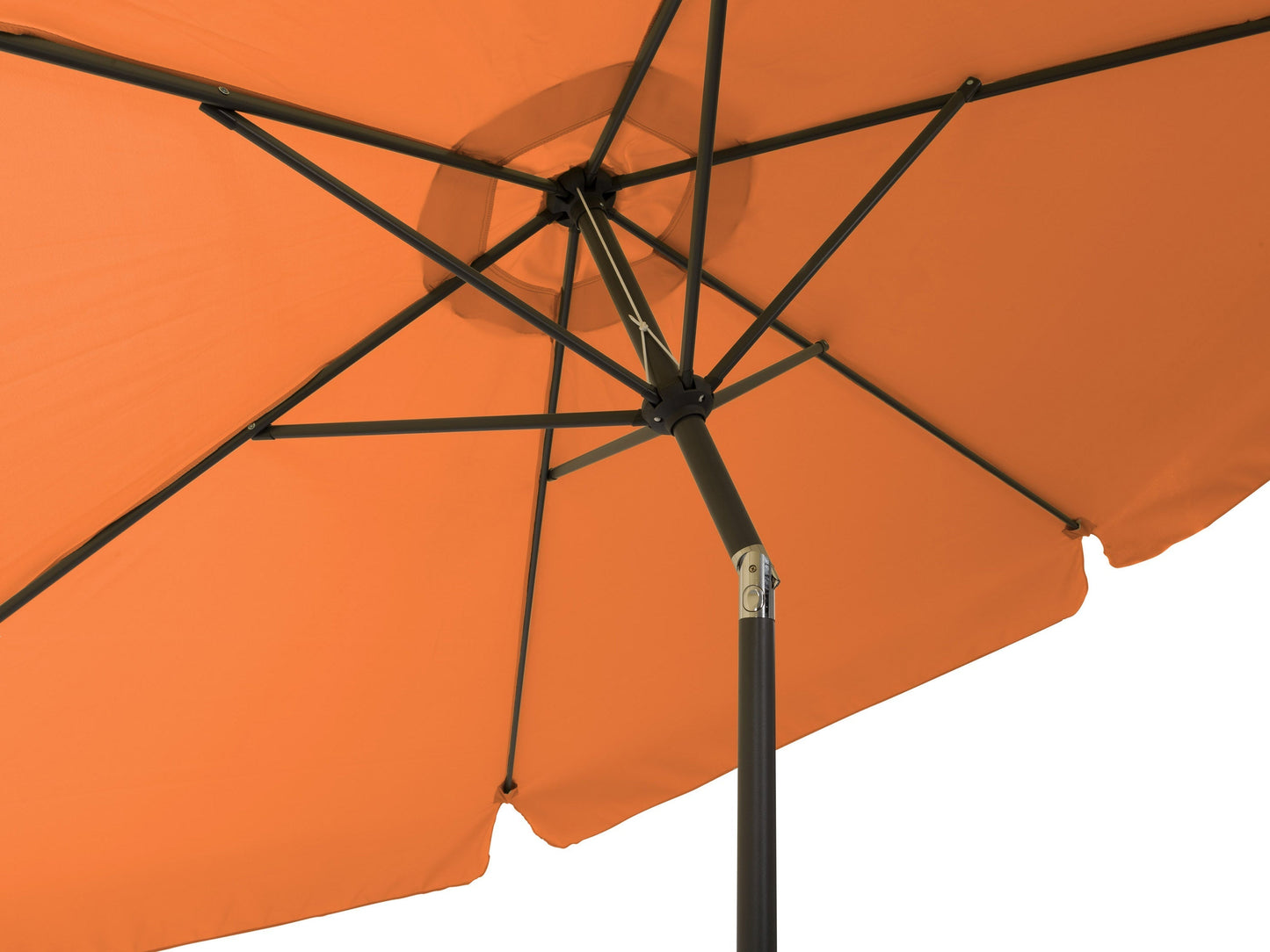 Orange 10ft round patio umbrella with tilting feature, sturdy metal frame, UV-resistant fabric, and crank lift system, providing adjustable shade for outdoor spaces like patios, gardens, and pool areas.