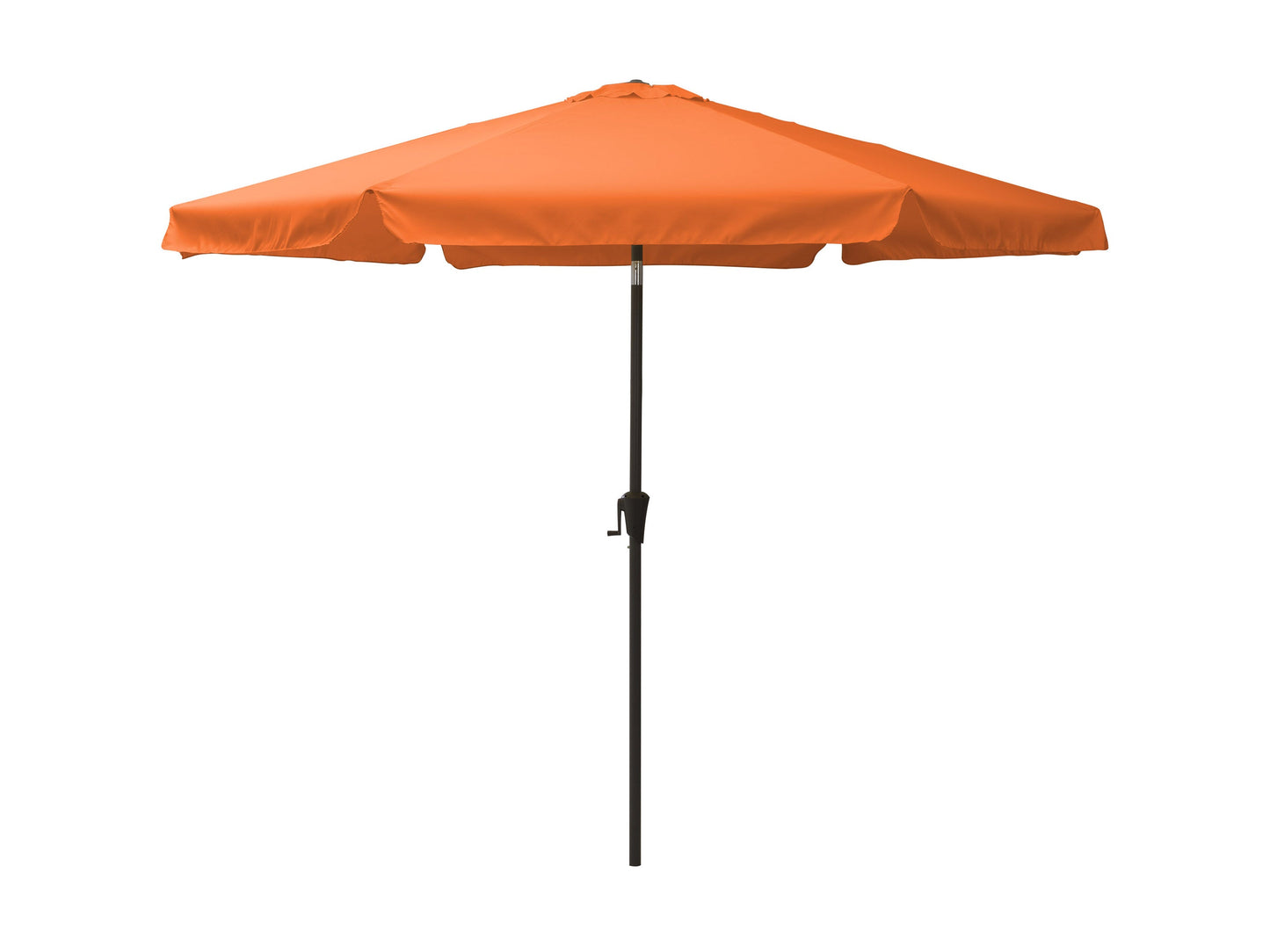 Orange 10ft round patio umbrella with tilting feature, sturdy metal frame, UV-resistant fabric, and crank lift system, providing adjustable shade for outdoor spaces like patios, gardens, and pool areas.