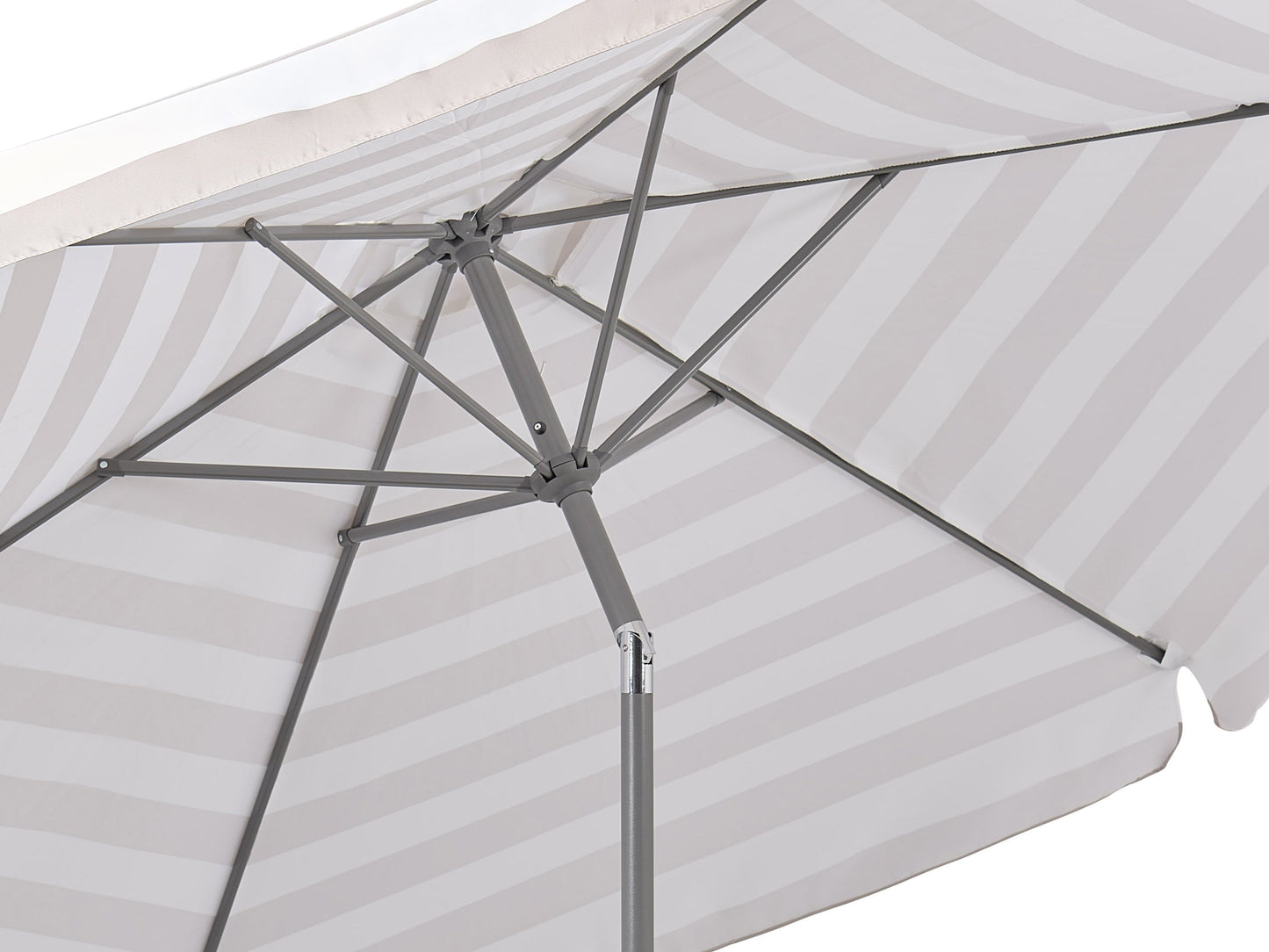Taupe and white 10ft round patio umbrella with tilting feature, sturdy aluminum pole, and weather-resistant fabric, perfect for outdoor shade and garden decor.