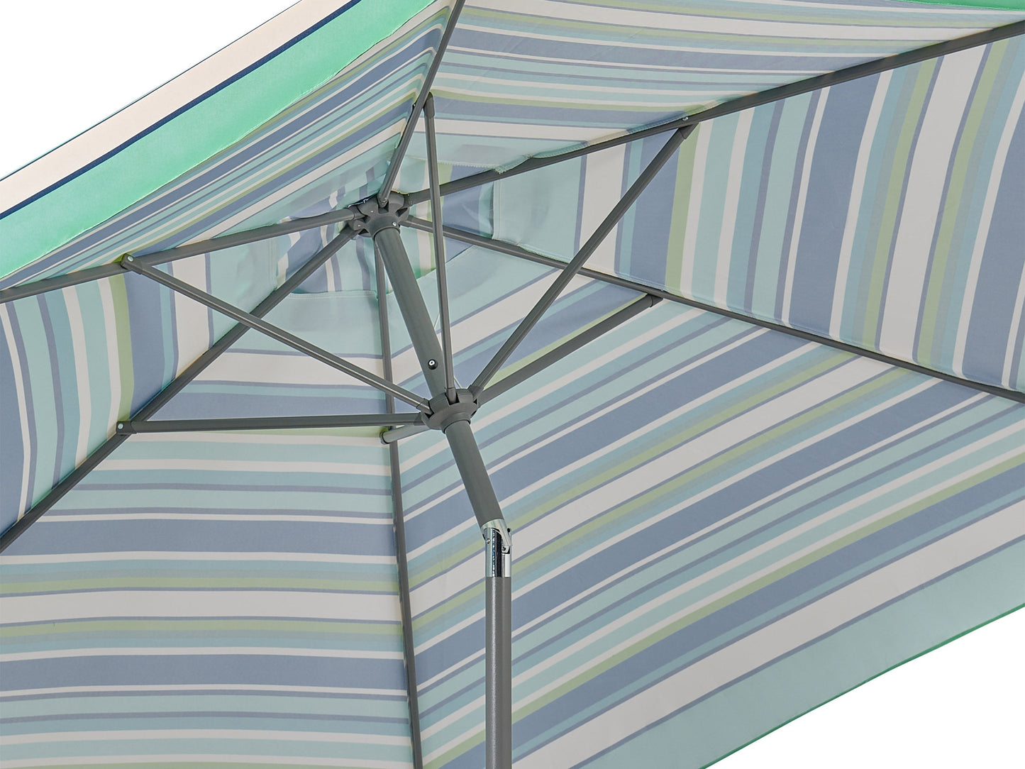 Green and white 10ft round patio umbrella with tilting feature, sturdy aluminum pole, and weather-resistant fabric, perfect for outdoor garden or patio furniture.