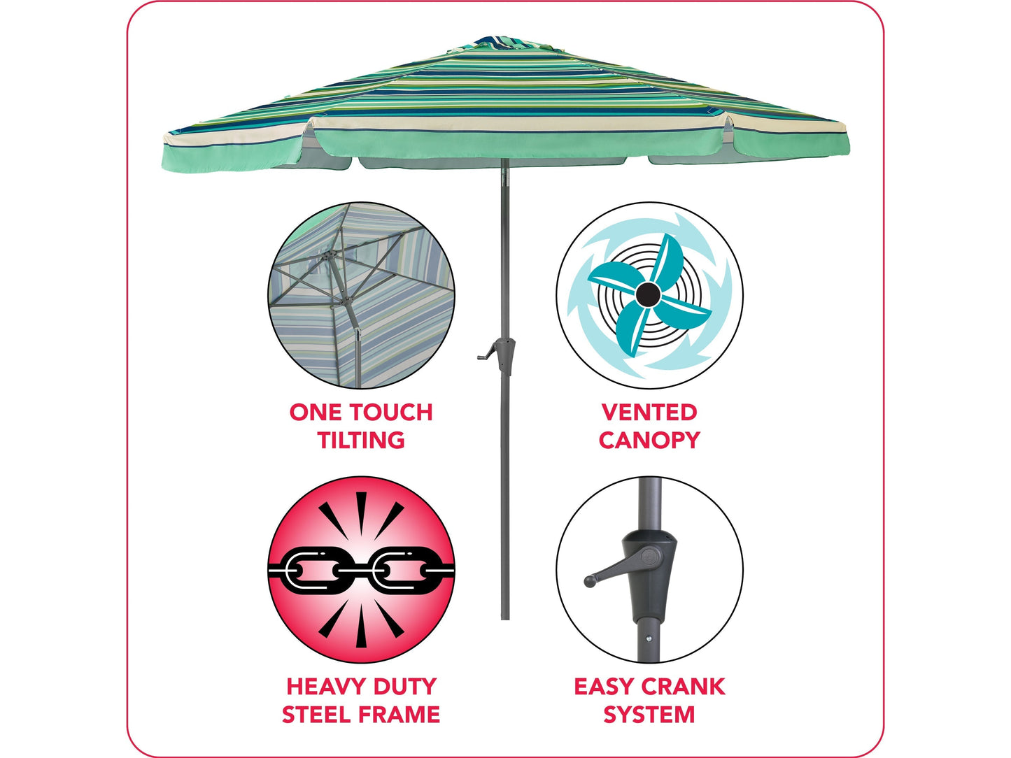 Green and white 10ft round patio umbrella with tilting feature, sturdy aluminum pole, and weather-resistant fabric, perfect for outdoor garden or patio furniture.