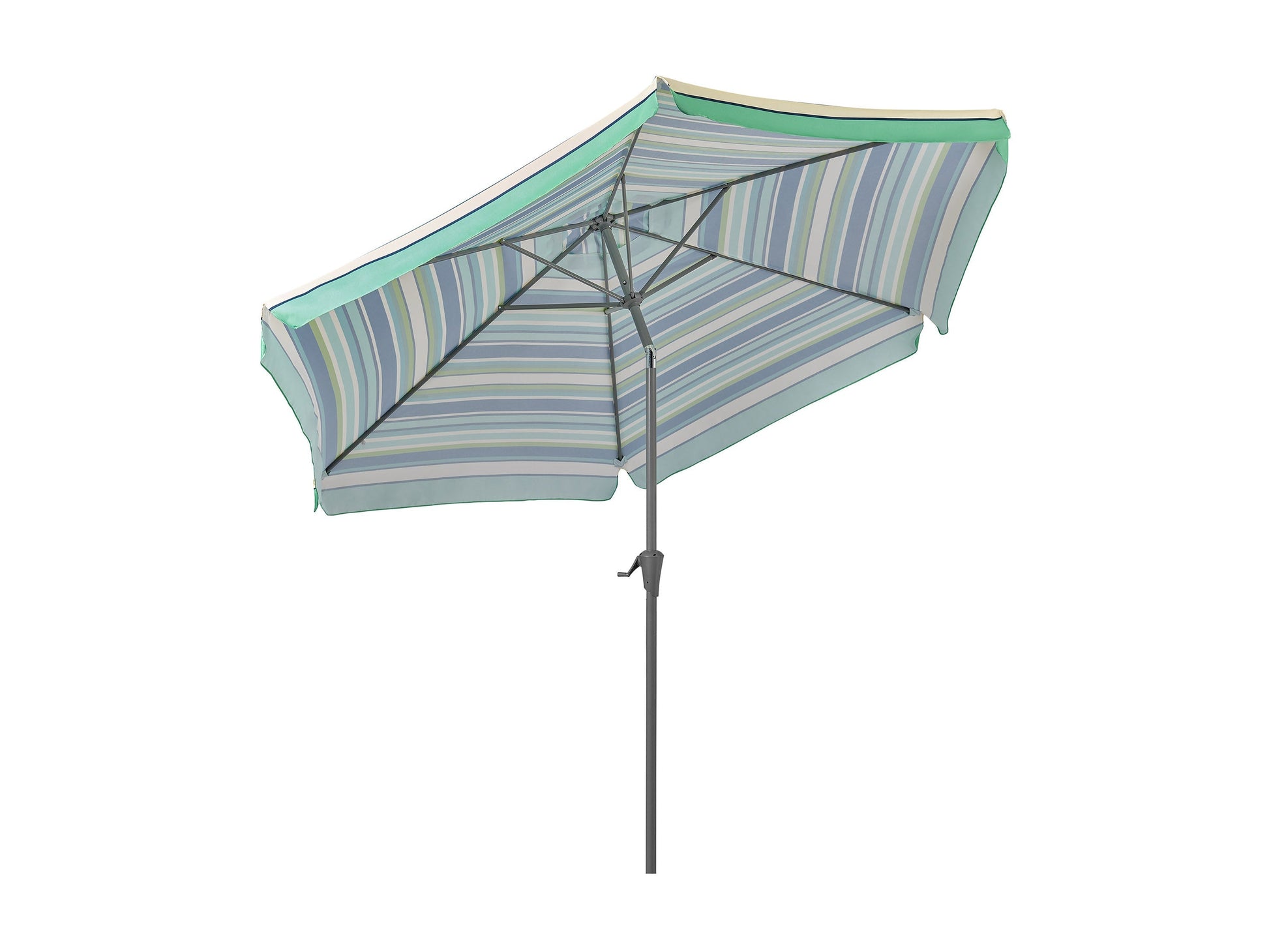Green and white 10ft round patio umbrella with tilting feature, sturdy aluminum pole, and weather-resistant fabric, perfect for outdoor garden or patio furniture.