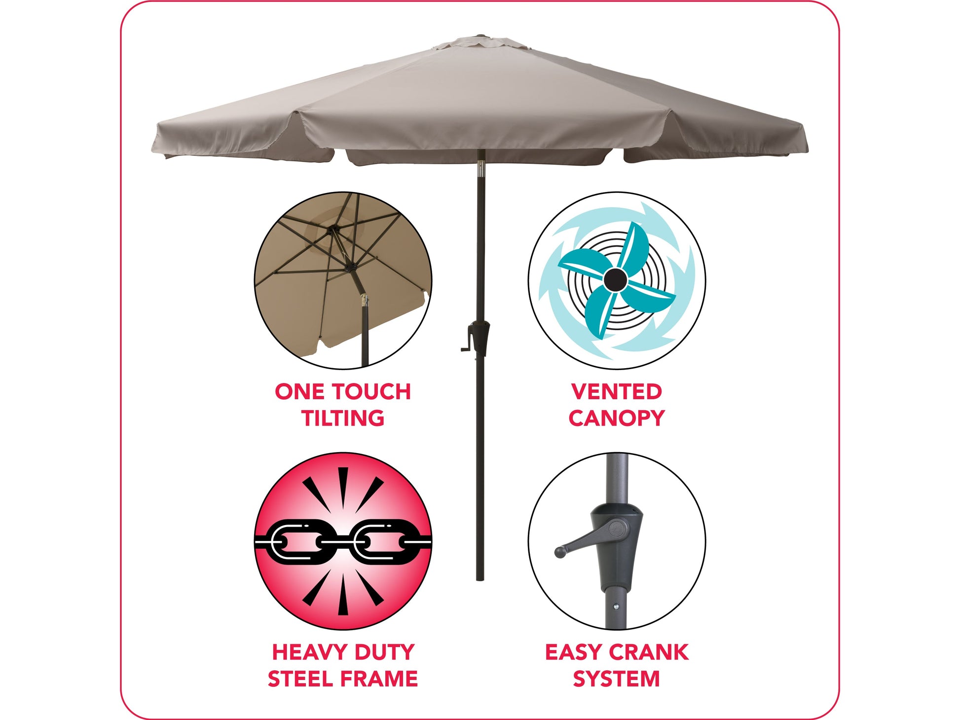 10ft round grey patio umbrella with tilting feature, durable fabric, and sturdy aluminum pole, perfect for outdoor shade and garden decor.