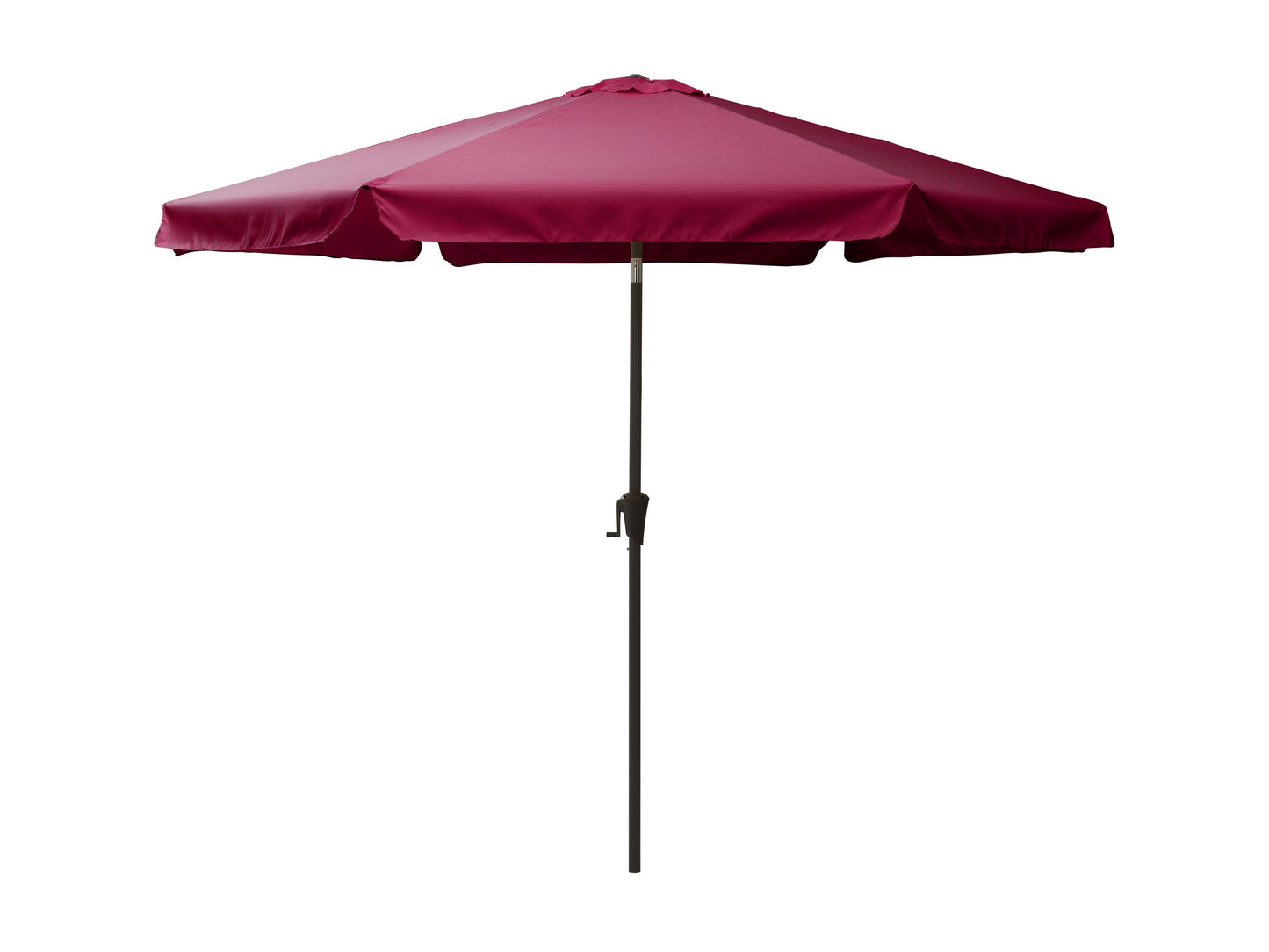 Wine red 10ft round patio umbrella with tilting mechanism, durable fabric, and sturdy metal pole, perfect for outdoor shade in gardens, patios, or decks.