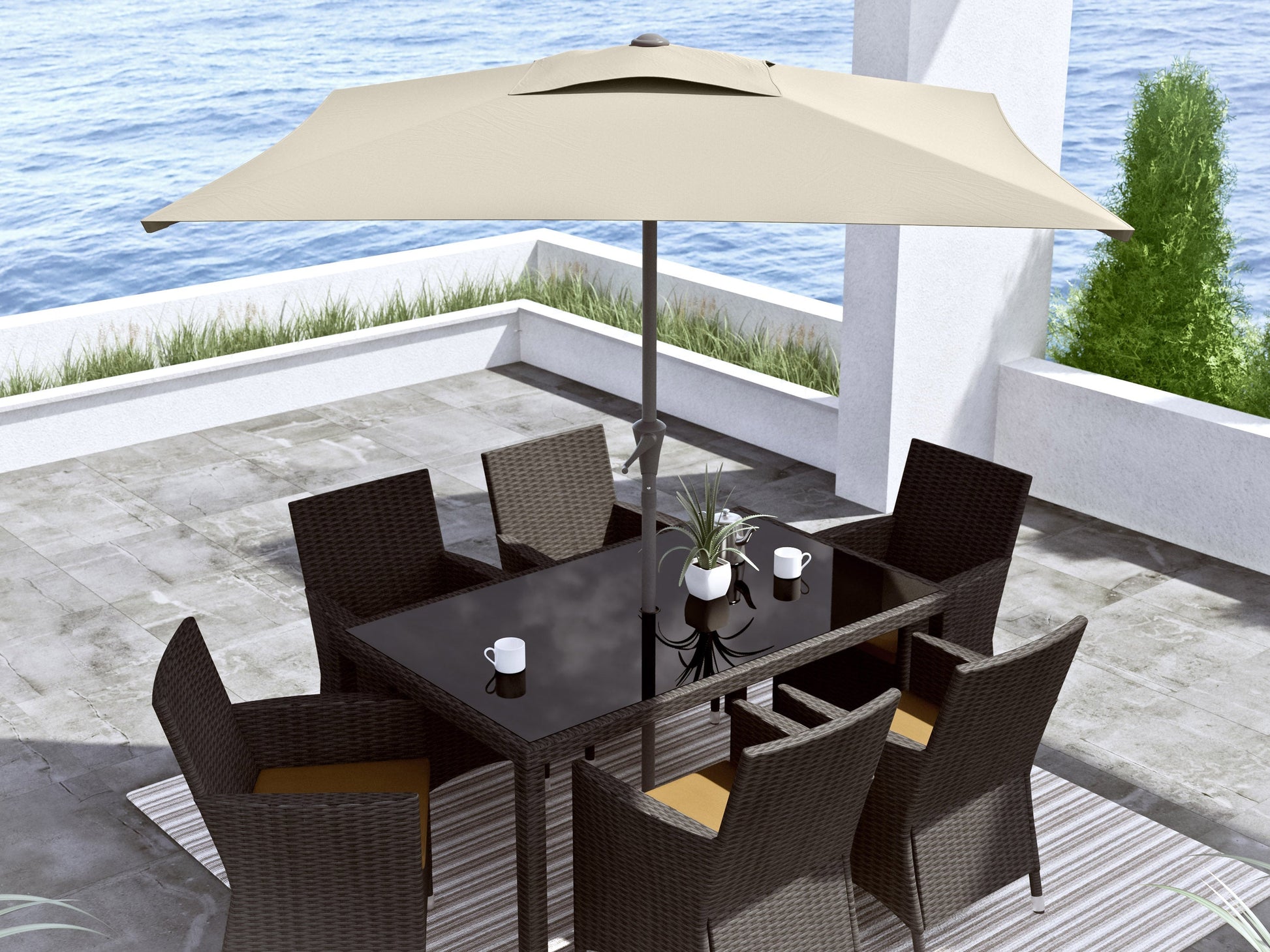 9ft square patio umbrella in warm white with tilting feature, durable aluminum frame, and UV-resistant fabric, perfect for outdoor seating areas.