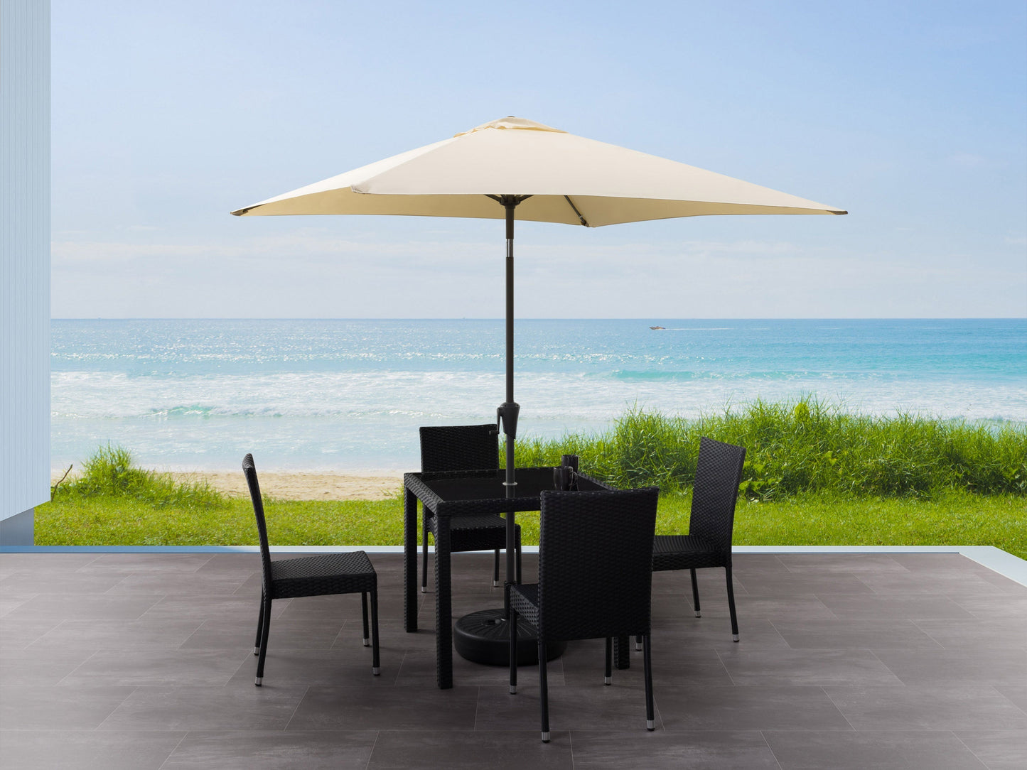 9ft square patio umbrella in warm white with tilting feature, durable aluminum frame, and UV-resistant fabric, perfect for outdoor seating areas.