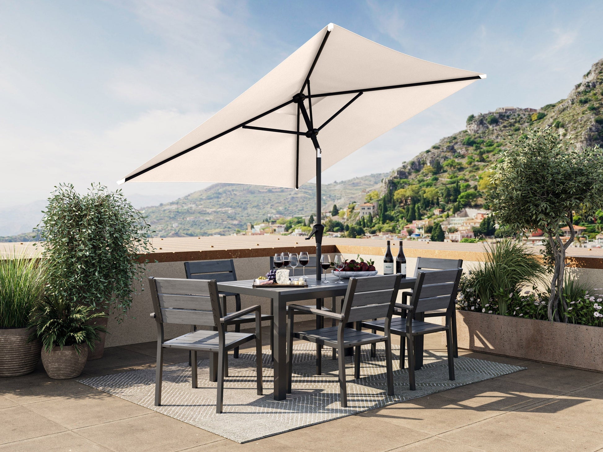 9ft square patio umbrella in warm white with tilting feature, durable aluminum frame, and UV-resistant fabric, perfect for outdoor seating areas.