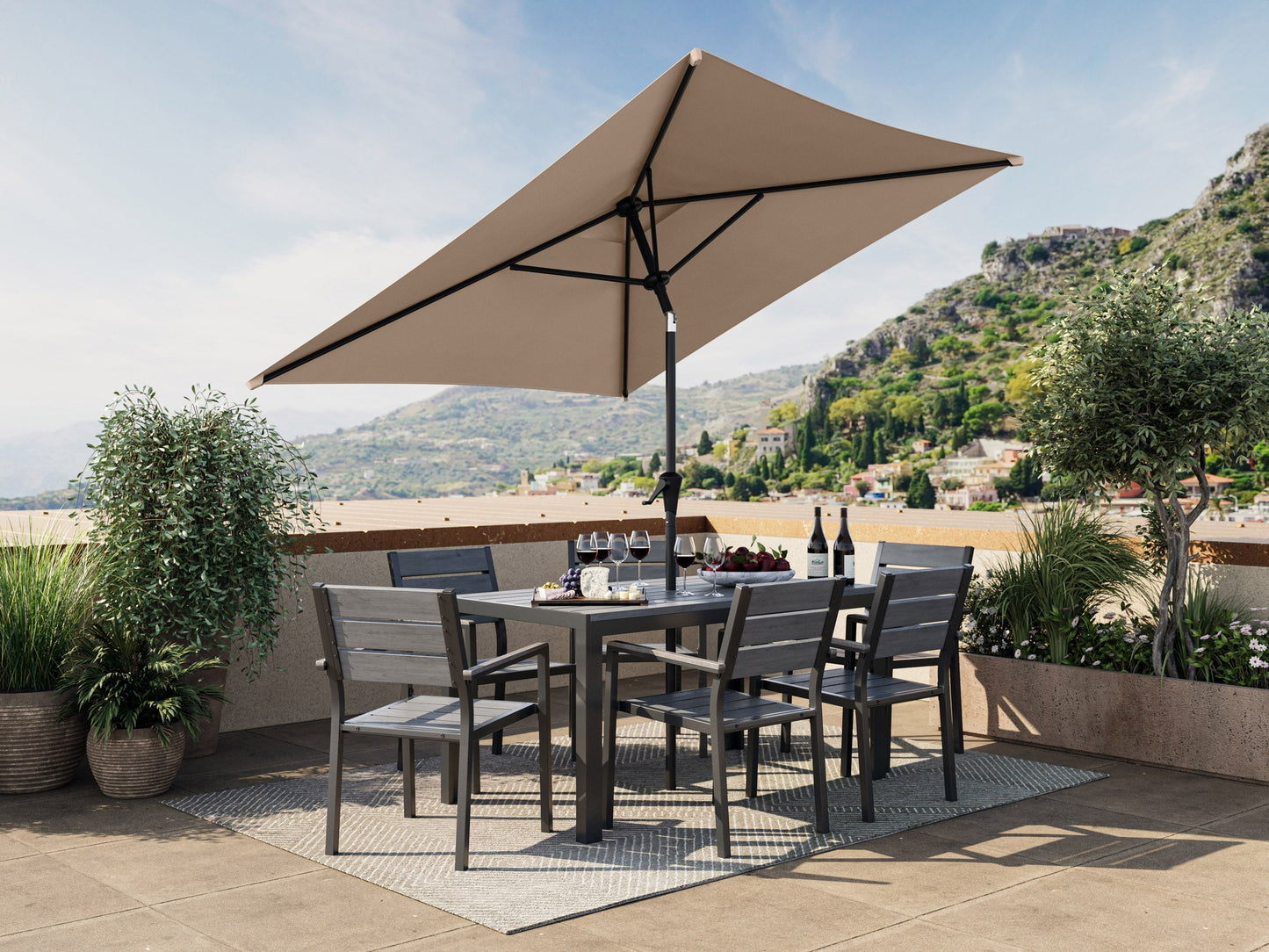 Brown 9ft square patio umbrella with tilting mechanism, featuring a durable fabric canopy and sturdy metal pole, providing ample shade for outdoor spaces. Ideal for patios, gardens, and poolside areas.