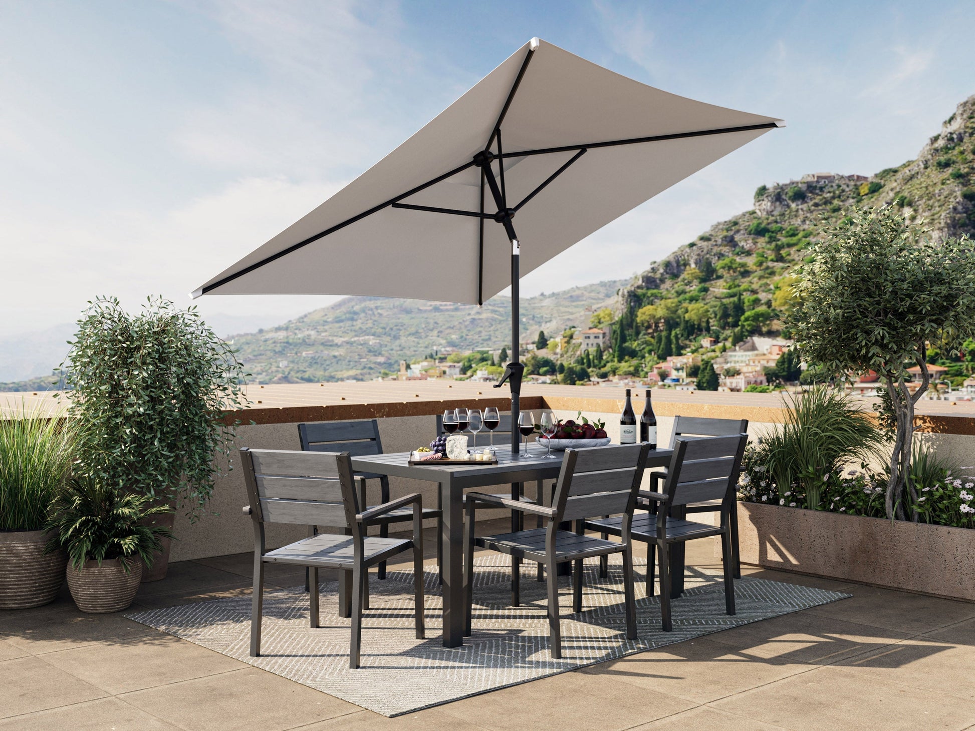Grey 9ft square patio umbrella with tilting feature, sturdy metal frame, and weather-resistant fabric, perfect for outdoor shading on patios, decks, and gardens.