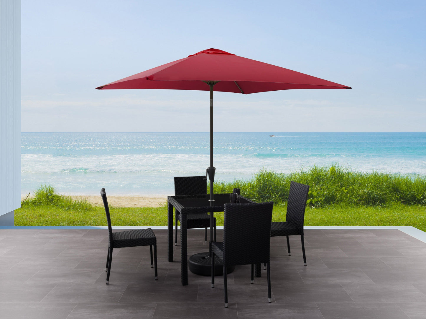 Wine red 9ft square patio umbrella with tilting feature, durable fabric, and sturdy metal frame. Ideal for outdoor spaces, providing ample shade and UV protection.