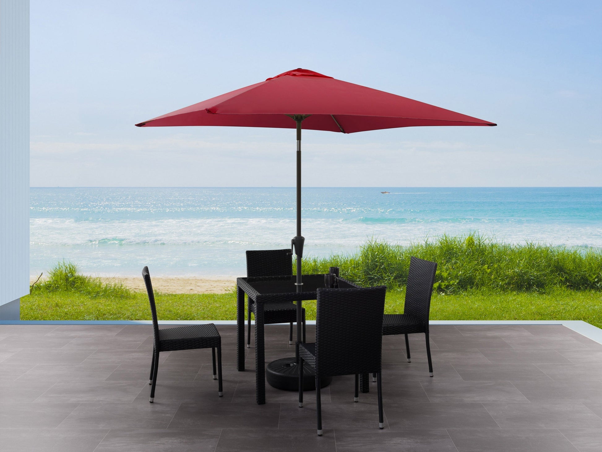 Wine red 9ft square patio umbrella with tilting feature, durable fabric, and sturdy metal frame. Ideal for outdoor spaces, providing ample shade and UV protection.