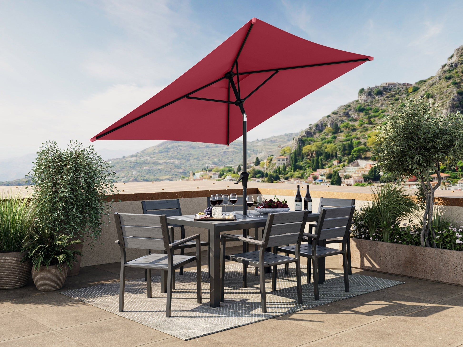Wine red 9ft square patio umbrella with tilting feature, durable fabric, and sturdy metal frame. Ideal for outdoor spaces, providing ample shade and UV protection.