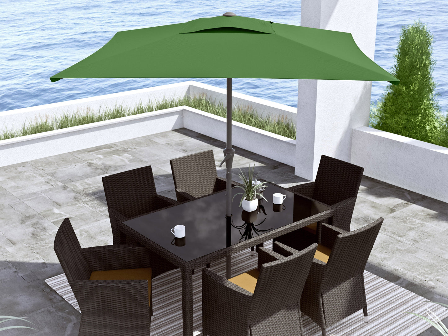 Forest green 9ft square patio umbrella with tilting mechanism, sturdy aluminum frame, UV-resistant fabric, and easy crank lift system, perfect for outdoor shade on patios and gardens.