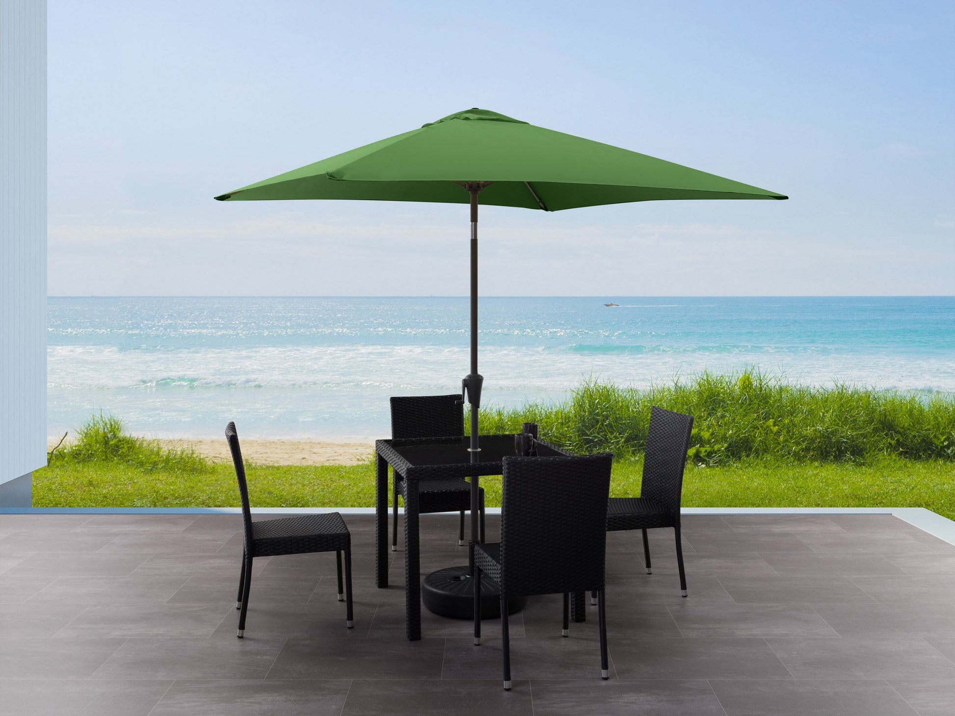 Forest green 9ft square patio umbrella with tilting mechanism, sturdy aluminum frame, UV-resistant fabric, and easy crank lift system, perfect for outdoor shade on patios and gardens.