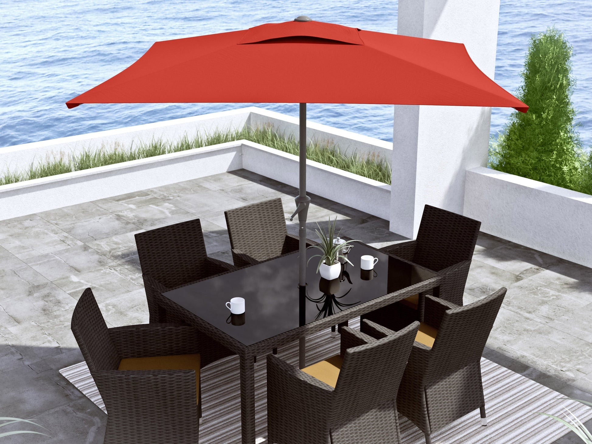 Crimson red 9ft square patio umbrella with tilting mechanism, sturdy aluminum pole, and UV-resistant fabric, perfect for outdoor shade and garden decor.