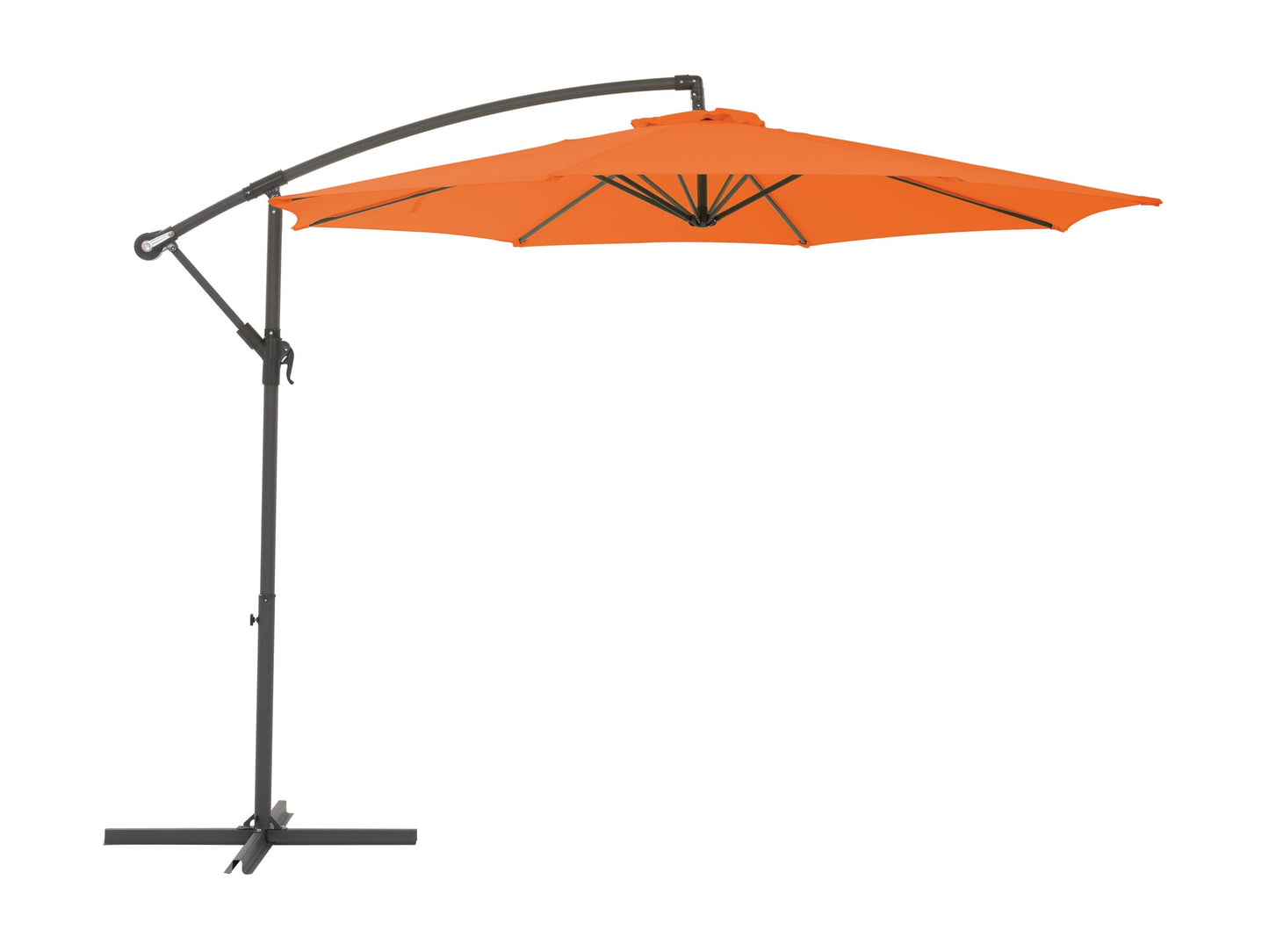 Orange 9.5ft tilting offset patio umbrella with sturdy aluminum frame, UV-resistant canopy, and easy-to-operate crank lift system, perfect for outdoor shade and patio decor.
