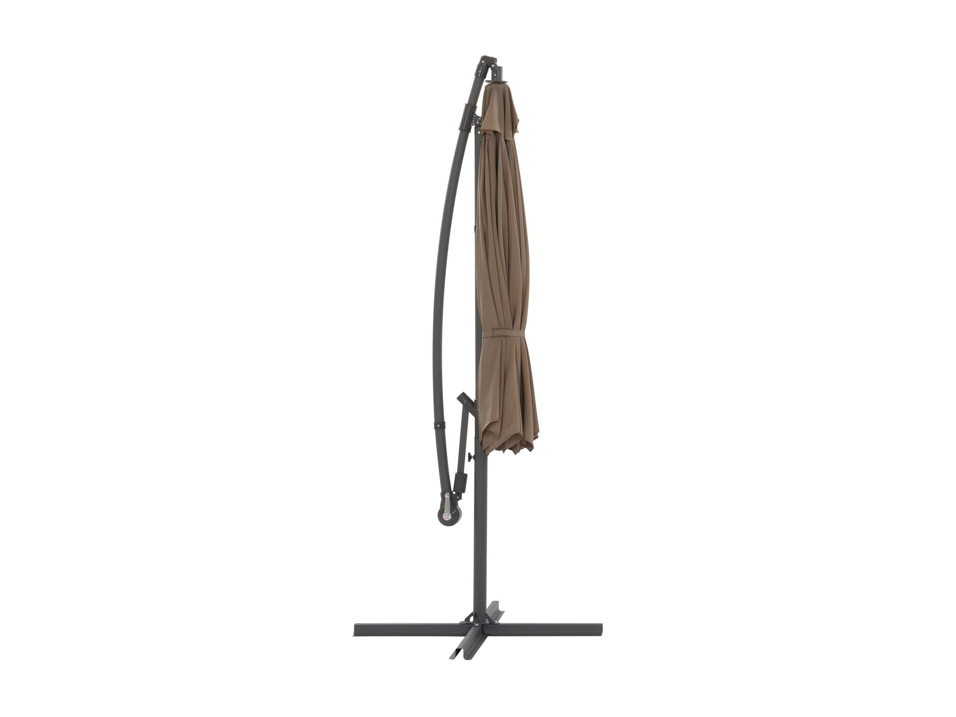 Brown 9.5ft tilting offset patio umbrella with durable polyester canopy, aluminum pole, and crank lift system for easy adjustment, perfect for providing shade in outdoor spaces.