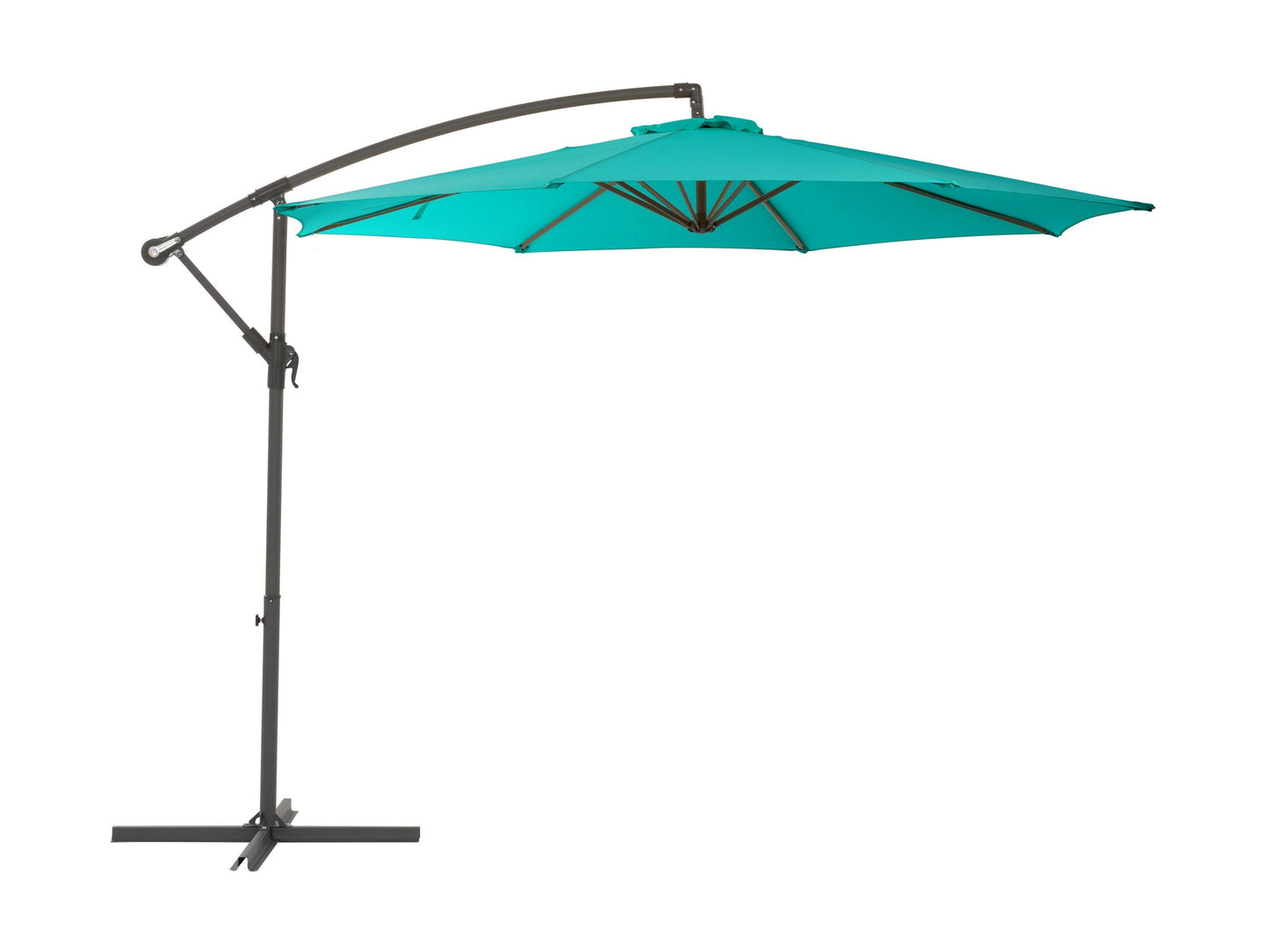 Turquoise 9.5ft tilting offset patio umbrella with sturdy metal frame, UV-resistant fabric, and crank lift system for easy adjustment, ideal for outdoor shade on patios, decks, and garden areas.