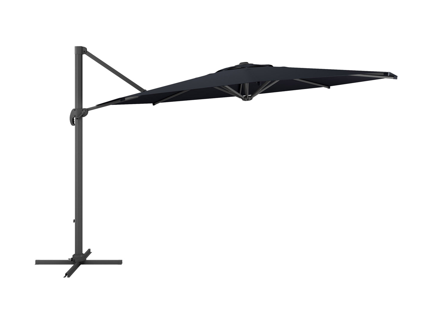 Black 11.5ft deluxe offset patio umbrella with sturdy aluminum frame, adjustable tilt, and UV-resistant canopy, providing ample shade for outdoor seating areas.