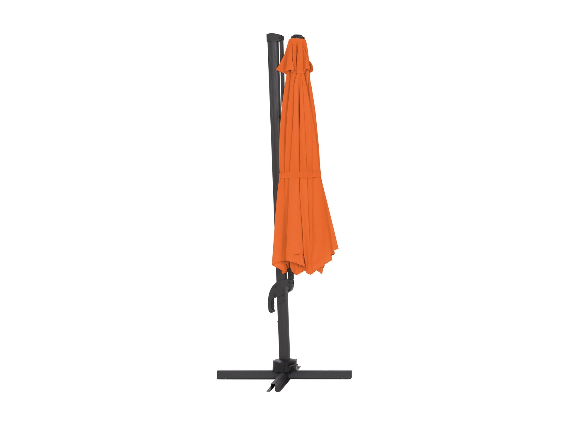 Orange 11.5ft deluxe offset patio umbrella with sturdy aluminum frame, UV-resistant fabric, and easy crank lift system, providing ample shade for outdoor seating areas. Perfect for gardens, patios, and decks.