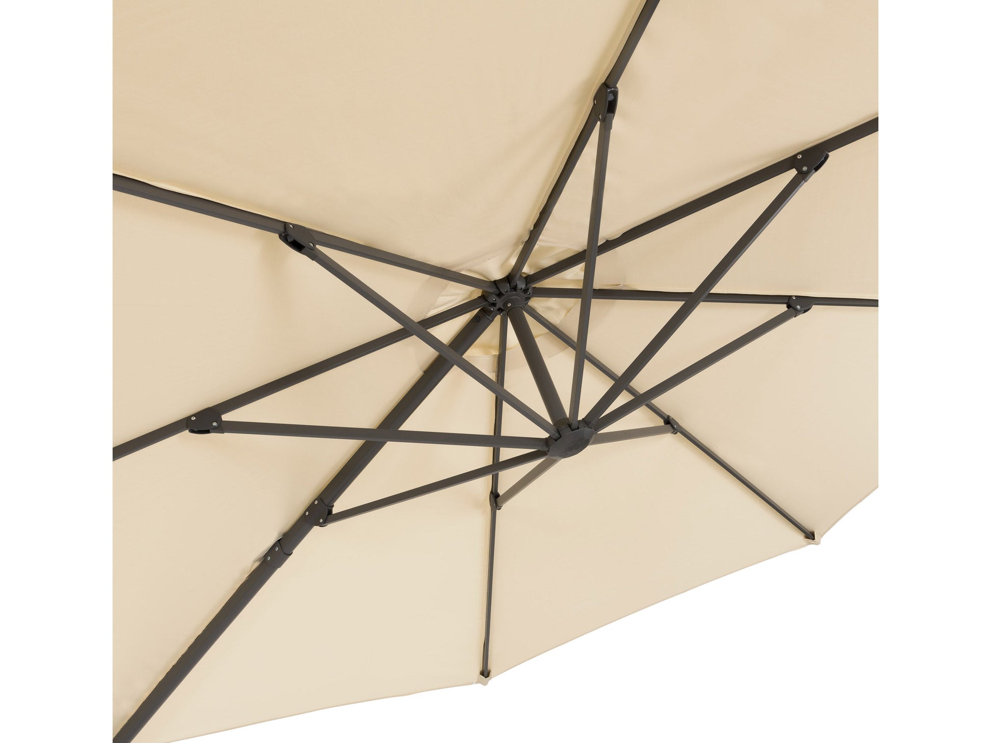 Alt Text:

"11.5ft deluxe offset patio umbrella in warm white with sturdy aluminum frame and crank lift system, providing ample shade for outdoor seating areas, perfect for patios and gardens."