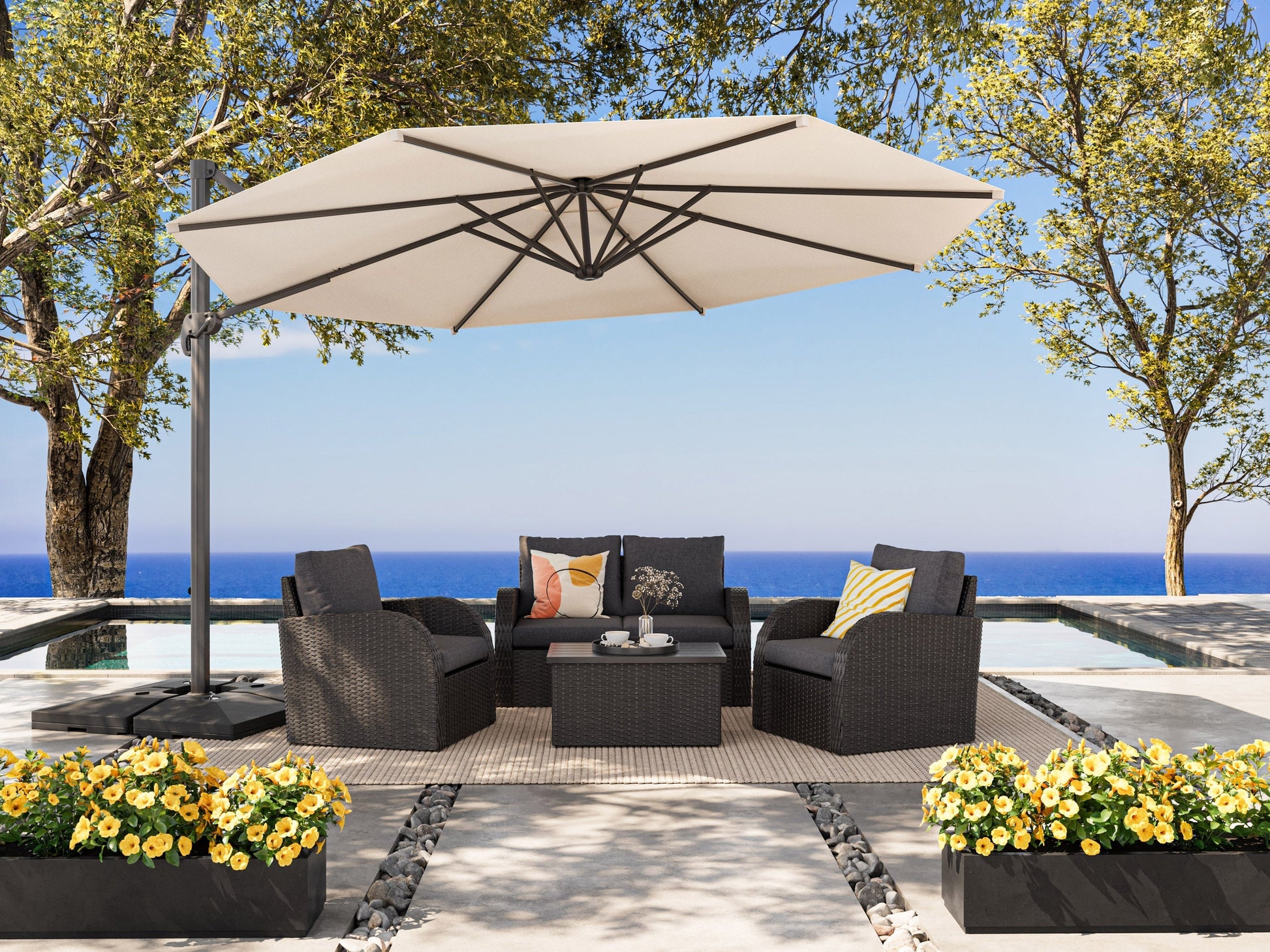 Alt Text:

"11.5ft deluxe offset patio umbrella in warm white with sturdy aluminum frame and crank lift system, providing ample shade for outdoor seating areas, perfect for patios and gardens."