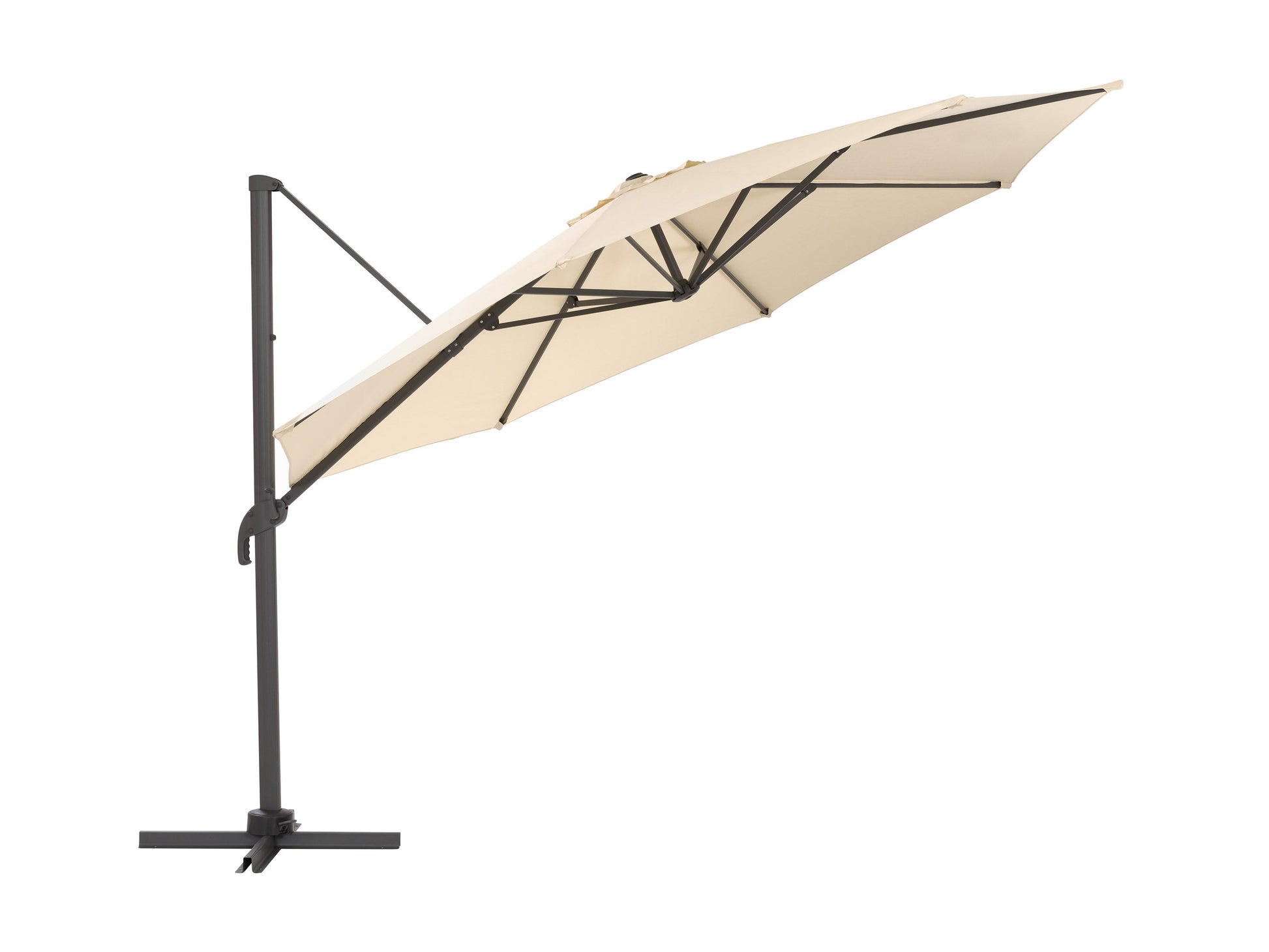 Alt Text:

"11.5ft deluxe offset patio umbrella in warm white with sturdy aluminum frame and crank lift system, providing ample shade for outdoor seating areas, perfect for patios and gardens."