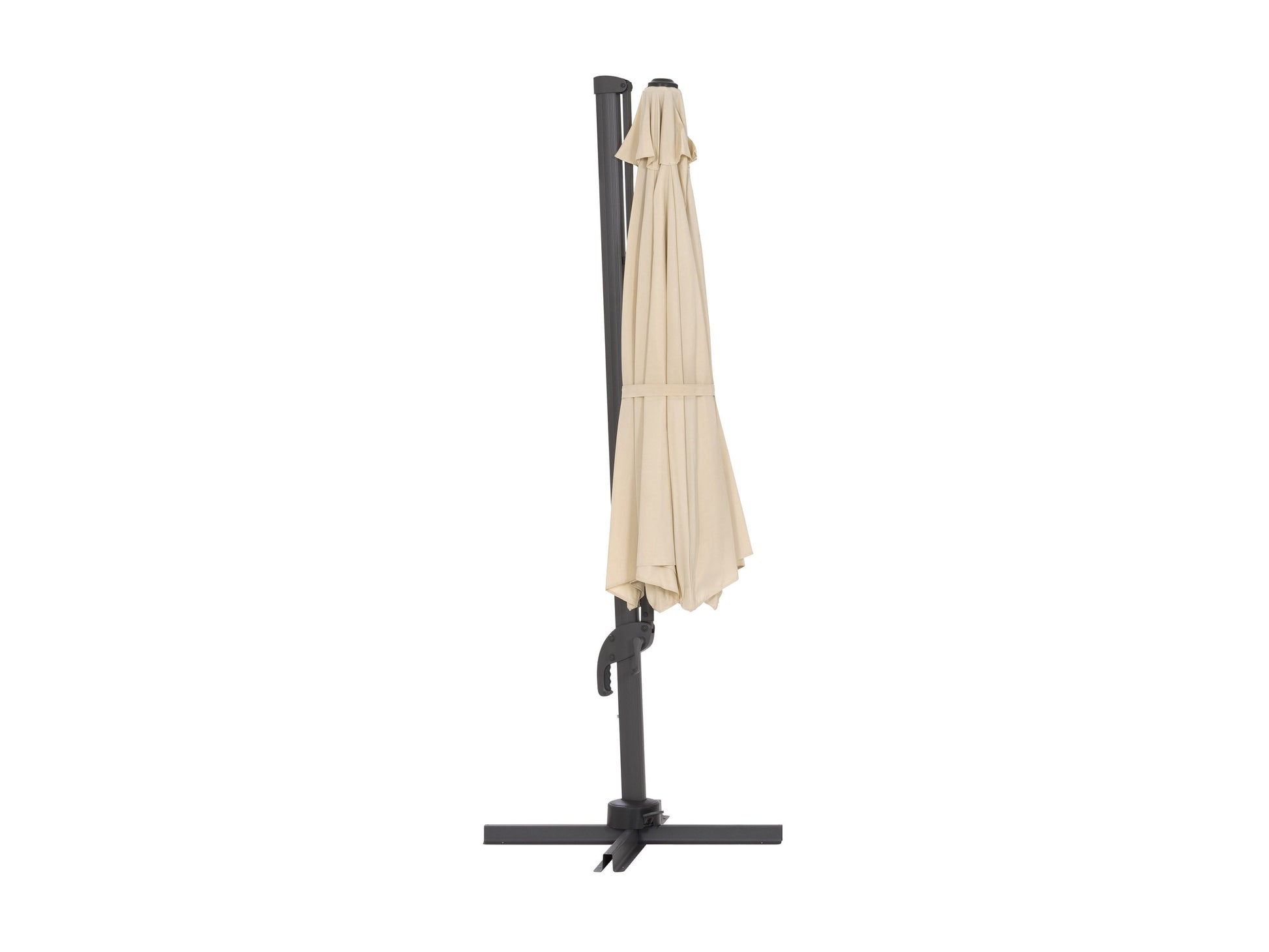 Alt Text:

"11.5ft deluxe offset patio umbrella in warm white with sturdy aluminum frame and crank lift system, providing ample shade for outdoor seating areas, perfect for patios and gardens."