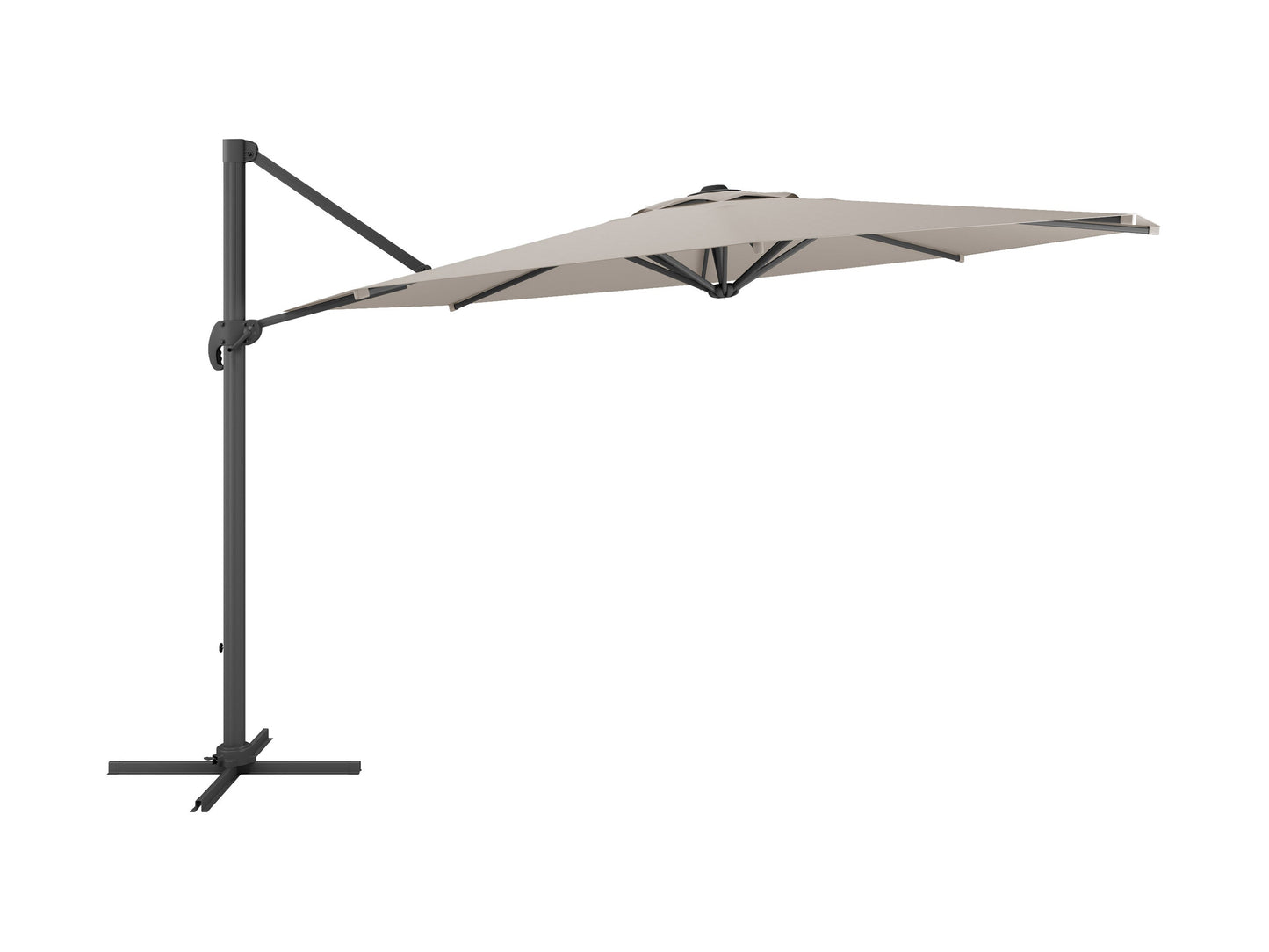 Large grey 11.5ft offset patio umbrella with sturdy aluminum frame, adjustable tilt, and crank lift system, providing ample shade for outdoor seating areas. Ideal for patios, decks, and poolside lounging.