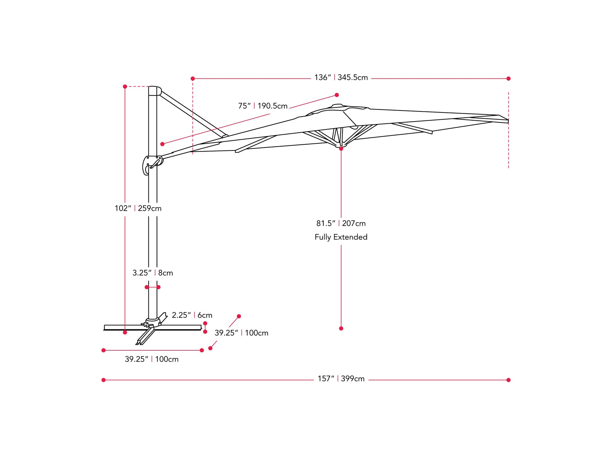 lime green deluxe offset patio umbrella 500 Series measurements diagram CorLiving#color_ppu-lime-green