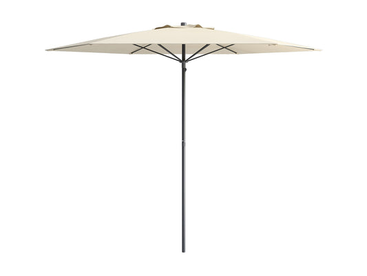 Warm white 7.5ft beach umbrella with UV protection, featuring a sturdy aluminum pole and tilt mechanism for adjustable shade. Ideal for outdoor use, providing ample coverage and stylish beachside comfort.