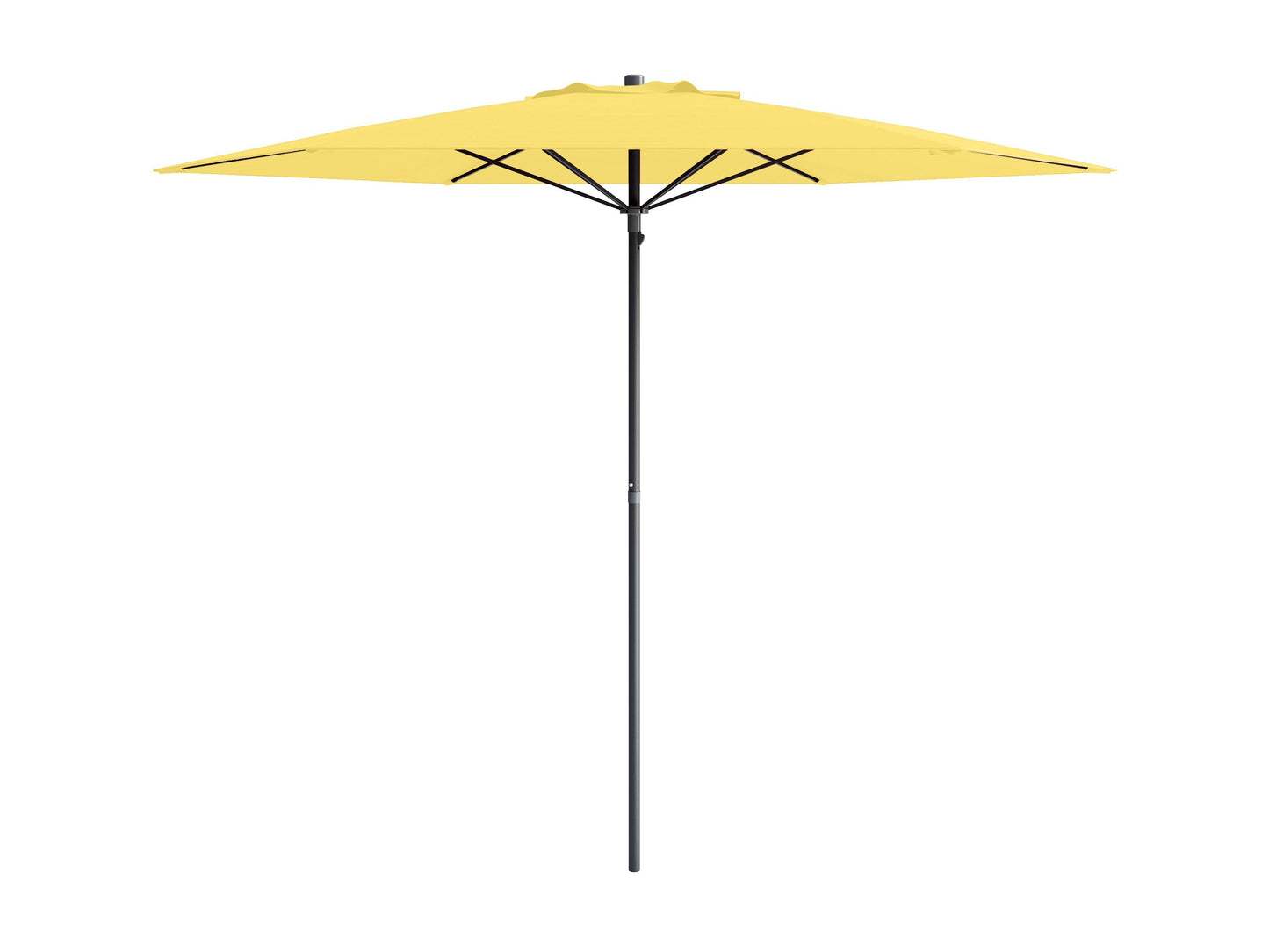 Yellow 7.5ft beach umbrella with sturdy aluminum pole, UV-resistant fabric, and adjustable tilt feature. Ideal for seaside relaxation, providing ample shade and weather protection.