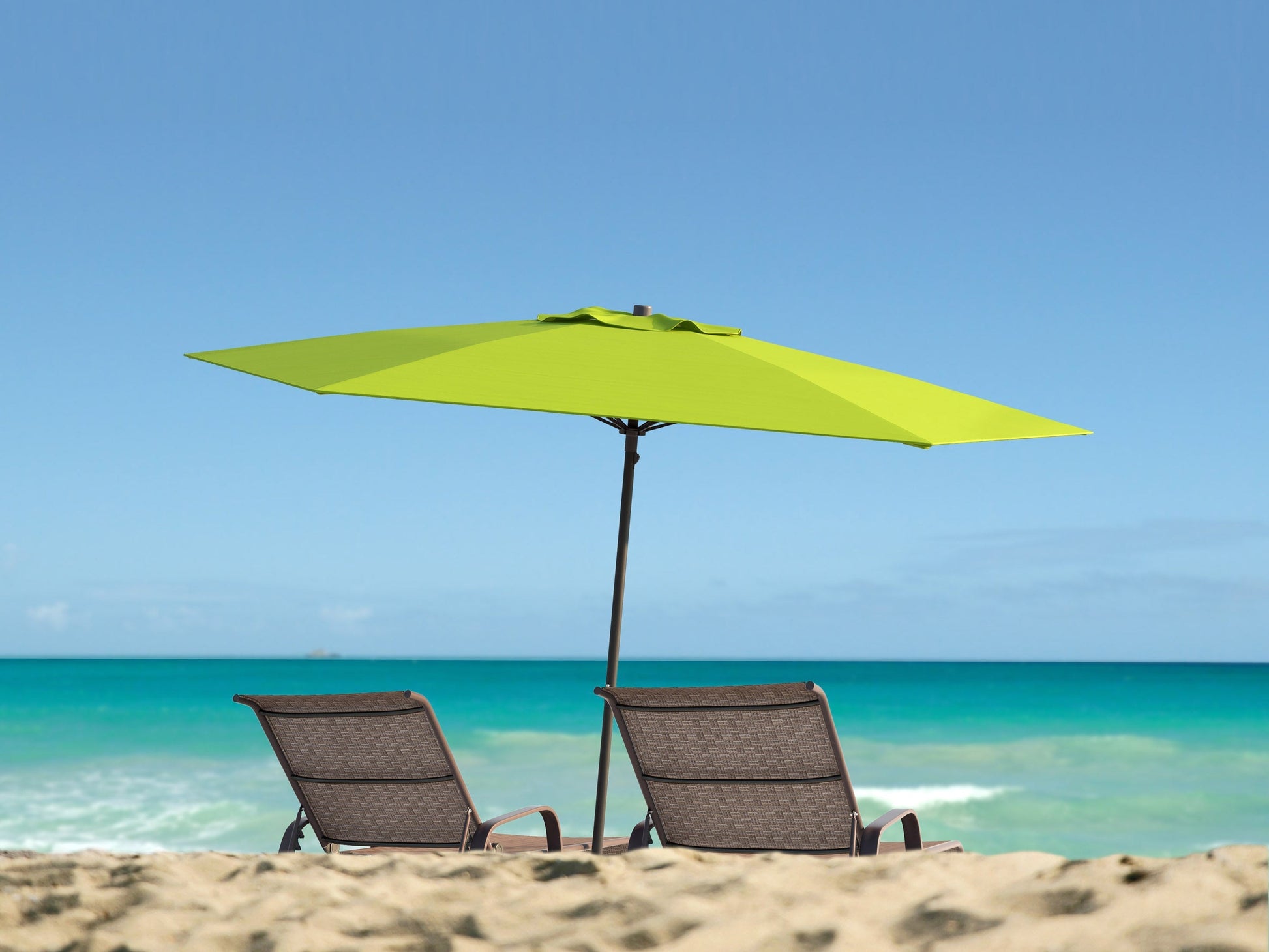 Lime green 7.5ft beach umbrella with UV protection, sturdy aluminum pole, and tilt feature for adjustable shade.