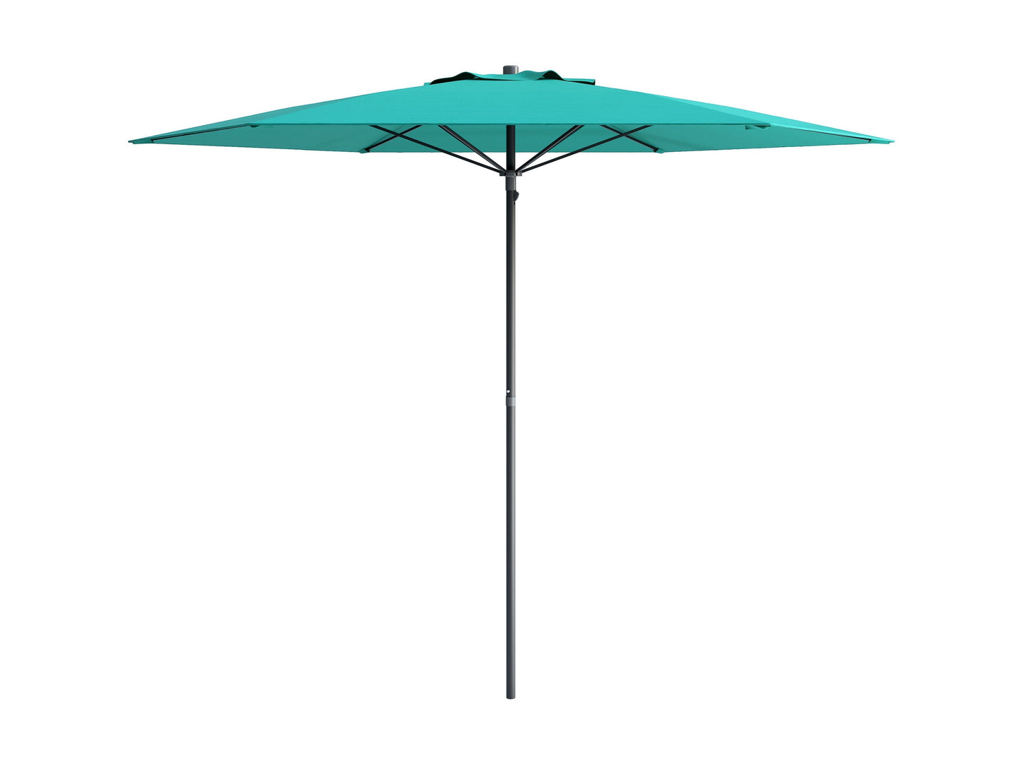 Turquoise 7.5ft beach umbrella with UV-resistant fabric, sturdy aluminum pole, and tilt mechanism for adjustable shade on sandy beaches or patios.
