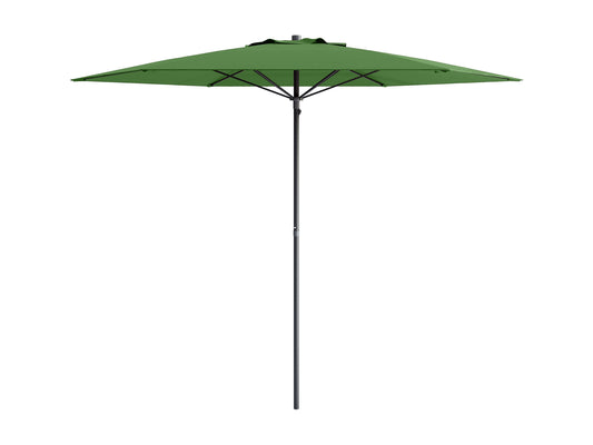 Forest green 7.5ft beach umbrella with sturdy aluminum pole, UV-resistant fabric, and tilt mechanism for adjustable shade. Perfect for outdoor use, providing ample coverage and protection from the sun.