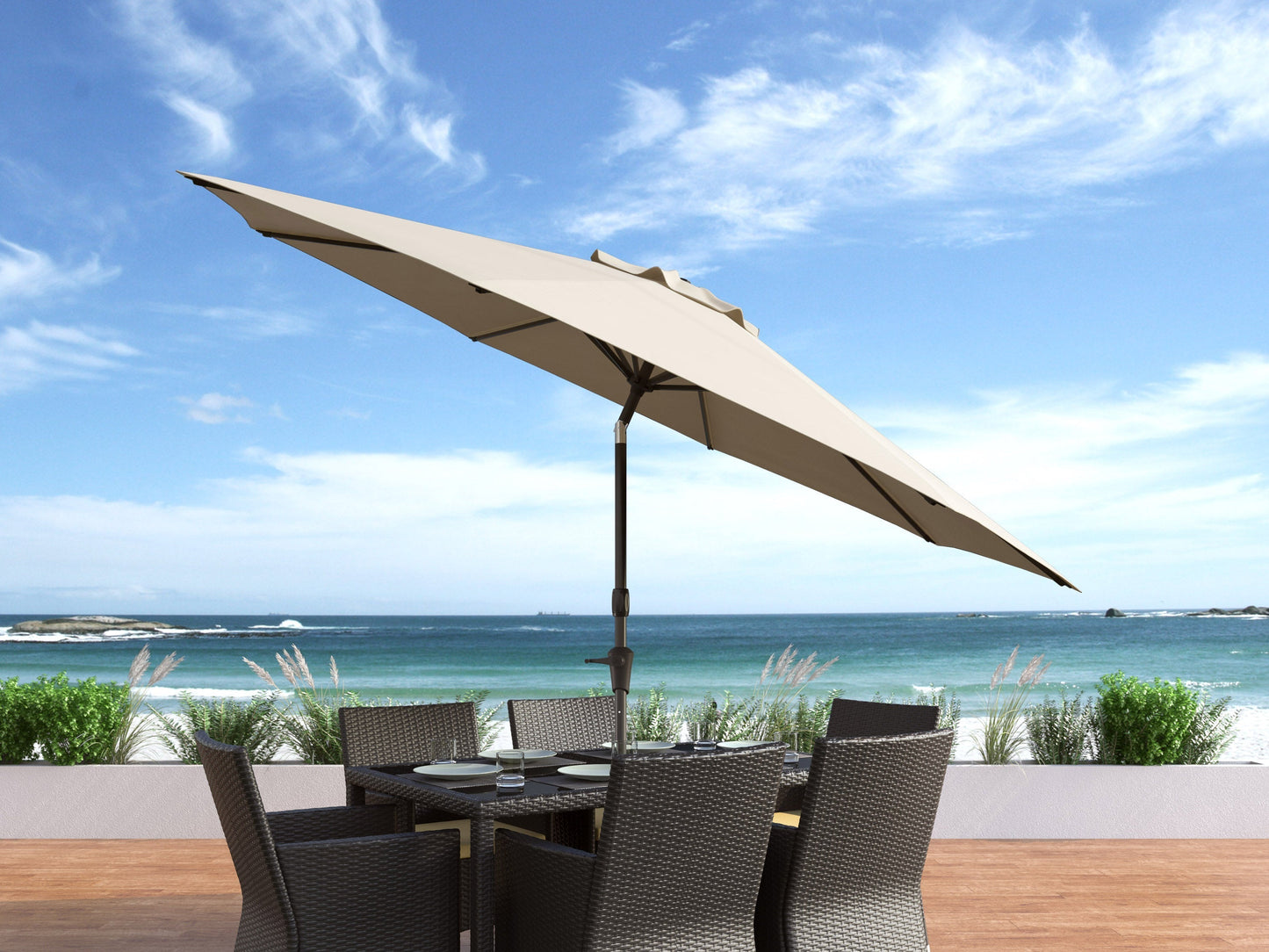 Warm white 10ft patio umbrella with wind-resistant design, sturdy aluminum pole, and UV-protected fabric. Ideal for outdoor spaces like patios and gardens, providing ample shade and durability.