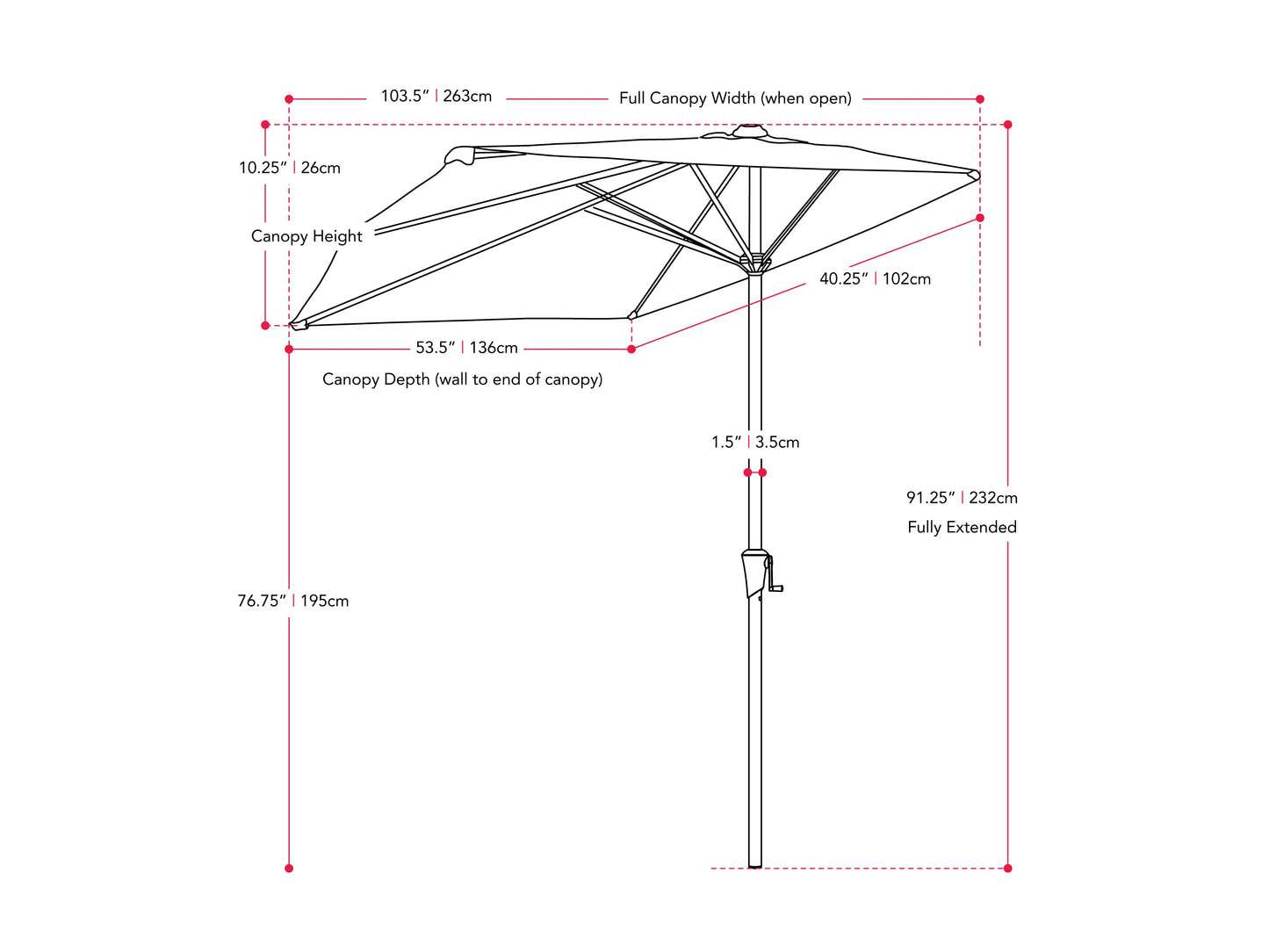 Black 8.5ft half umbrella with a durable metal frame, water-resistant polyester canopy, and crank handle for easy opening and closing, perfect for small patios and balconies.