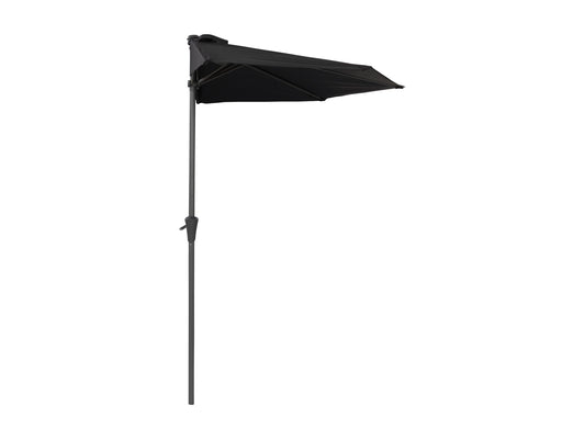 Black 8.5ft half umbrella with a durable metal frame, water-resistant polyester canopy, and crank handle for easy opening and closing, perfect for small patios and balconies.