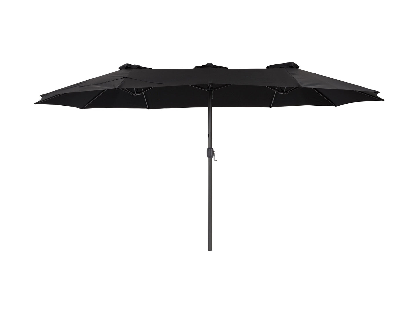 Black 15ft double patio umbrella with sturdy metal frame, UV-resistant fabric, and crank lift system, providing ample shade for outdoor seating areas. Ideal for large patios and garden spaces.