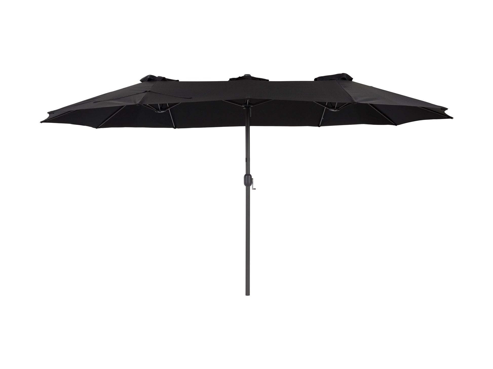 Black 15ft double patio umbrella with sturdy metal frame, UV-resistant fabric, and crank lift system, providing ample shade for outdoor seating areas. Ideal for large patios and garden spaces.