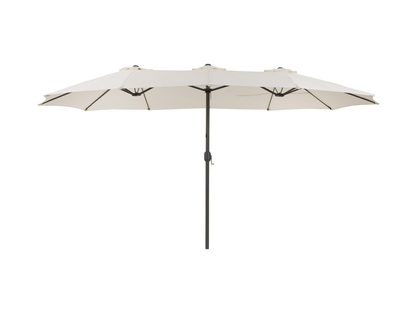 Double patio umbrella in warm white, 15ft wide, with durable aluminum frame, UV-resistant fabric, and crank lift system. Ideal for outdoor seating areas, providing ample shade and stylish décor.