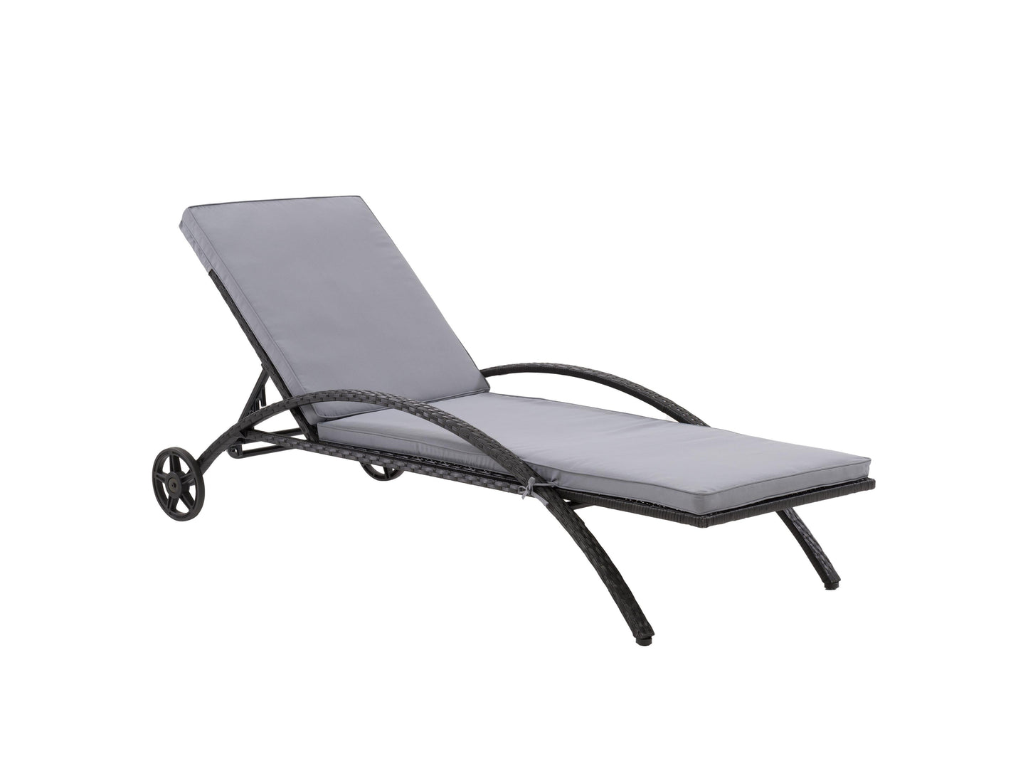 Black and grey outdoor wicker lounge chair with cushioned seat and backrest, featuring durable weather-resistant materials, sleek modern design, and ergonomic armrests for comfortable patio relaxation.