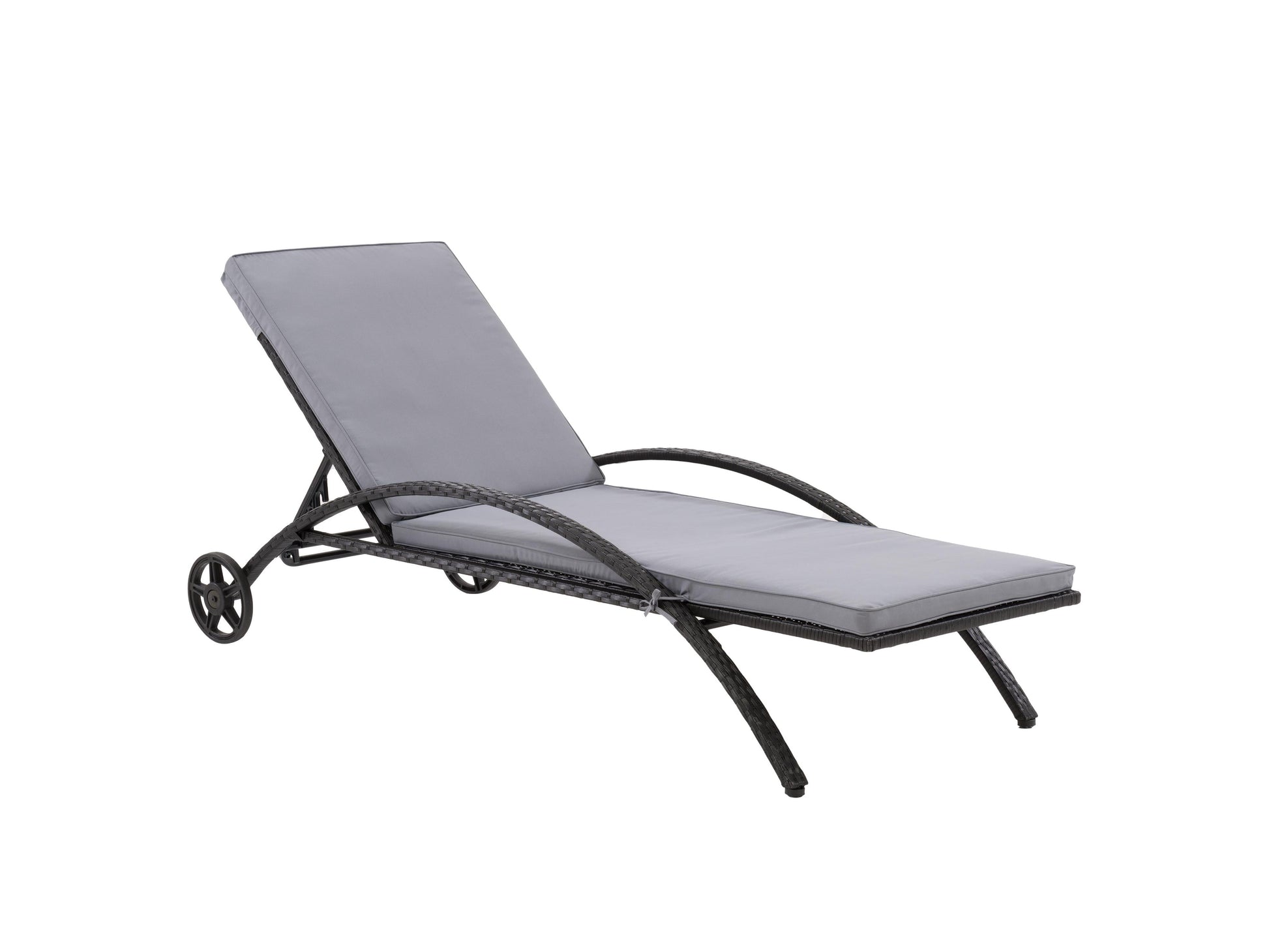 Black and grey outdoor wicker lounge chair with cushioned seat and backrest, featuring durable weather-resistant materials, sleek modern design, and ergonomic armrests for comfortable patio relaxation.