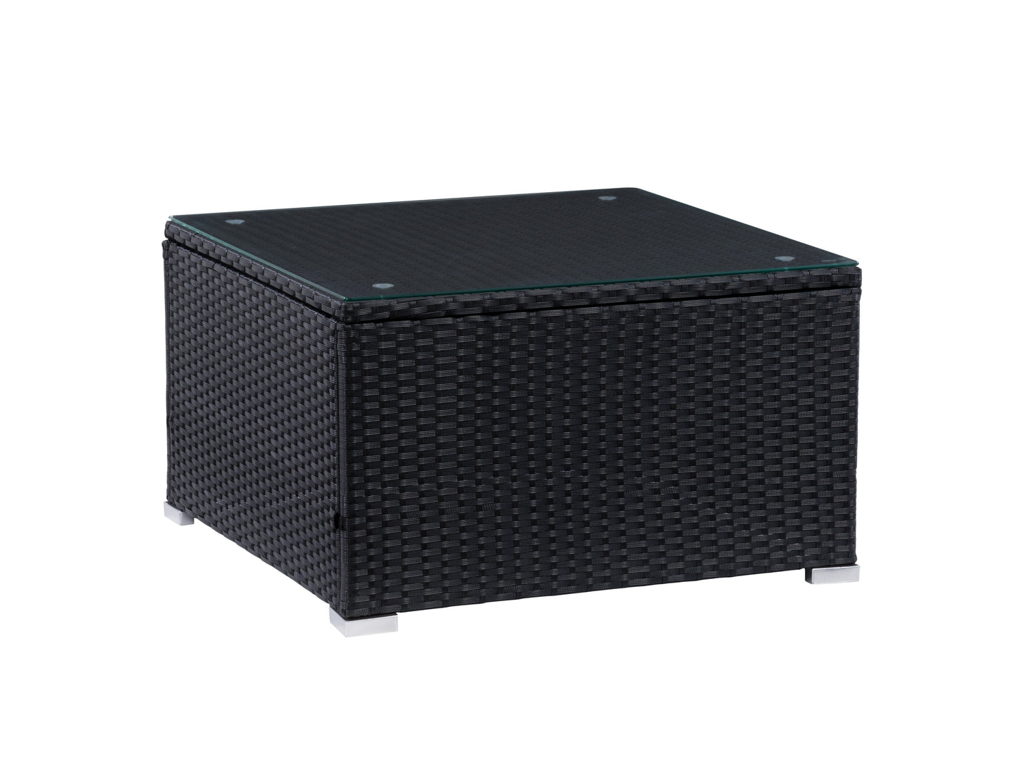 Black square outdoor coffee table with sleek metal frame, slatted top, and weather-resistant finish, ideal for patios and garden spaces.