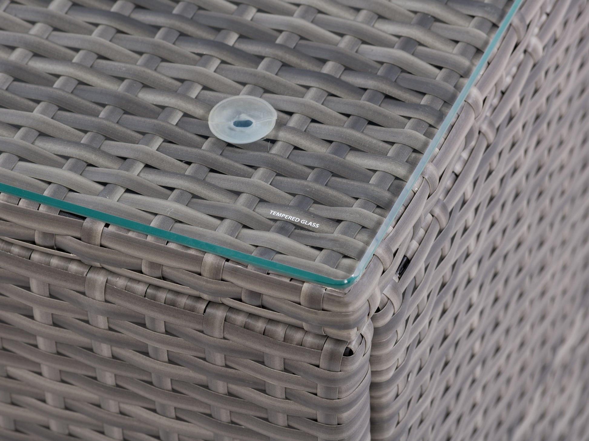 Grey square outdoor coffee table made from weather-resistant materials with a sleek, minimalist design and smooth finish, perfect for patio or garden use.