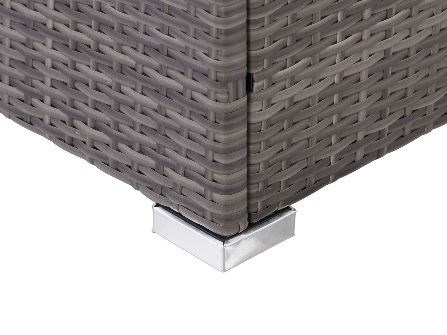 Grey square outdoor coffee table made from weather-resistant materials with a sleek, minimalist design and smooth finish, perfect for patio or garden use.