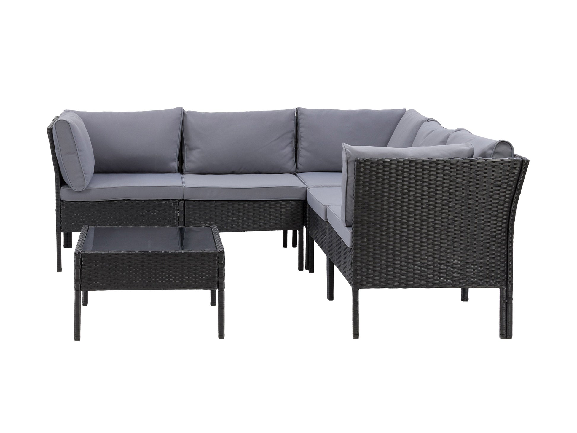 Black and grey 6-piece patio sectional set with weather-resistant cushions, modular design, and sleek metal frame. Ideal for outdoor lounging and entertaining.