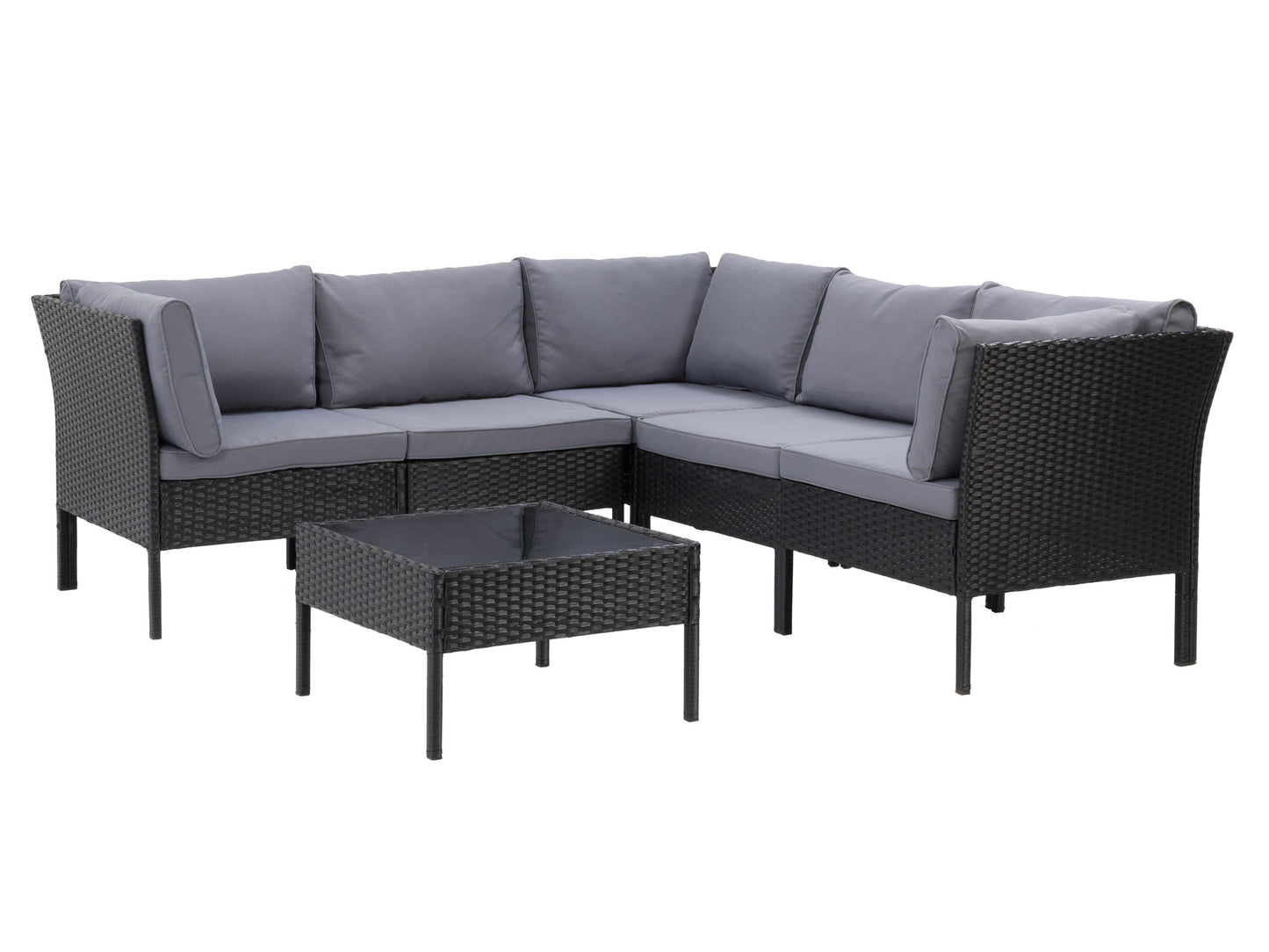 Black and grey 6-piece patio sectional set with weather-resistant cushions, modular design, and sleek metal frame. Ideal for outdoor lounging and entertaining.