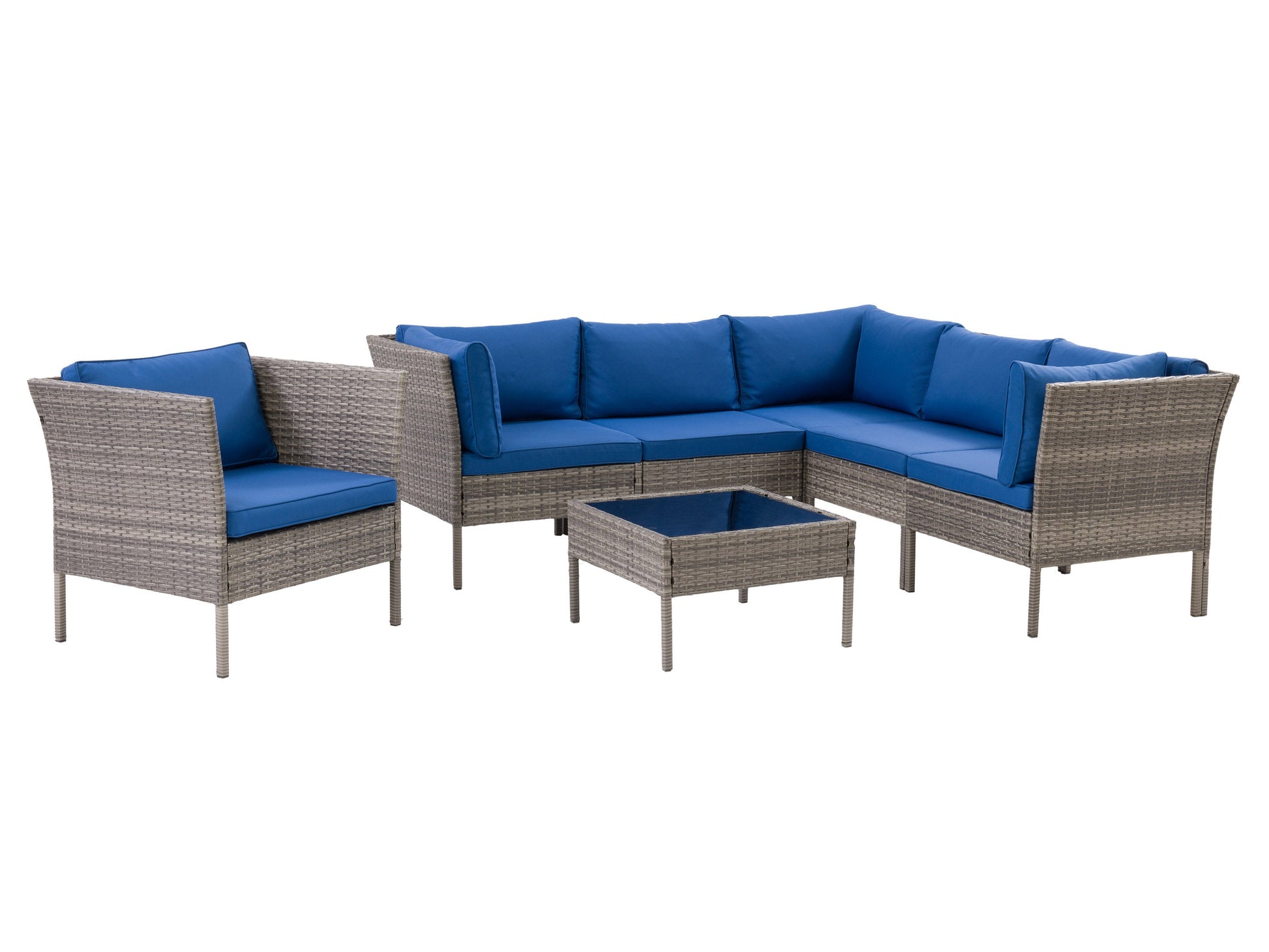 Alt Text: "L-shaped outdoor sectional in grey and blue with seven pieces, featuring weather-resistant cushions, sleek metal frame, and modular design for customizable patio seating."